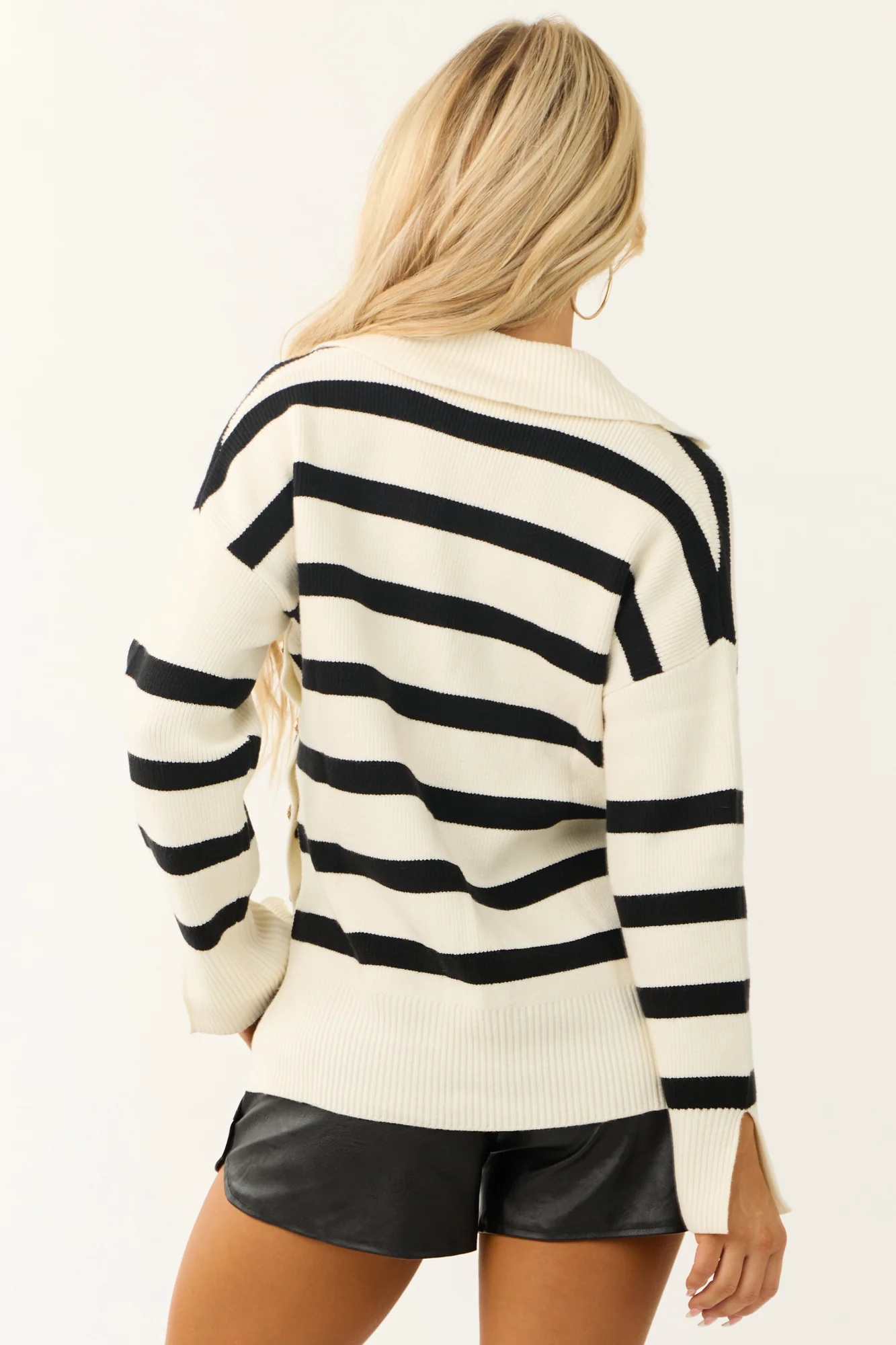 Black and Cream Striped Button Detail Sweater
