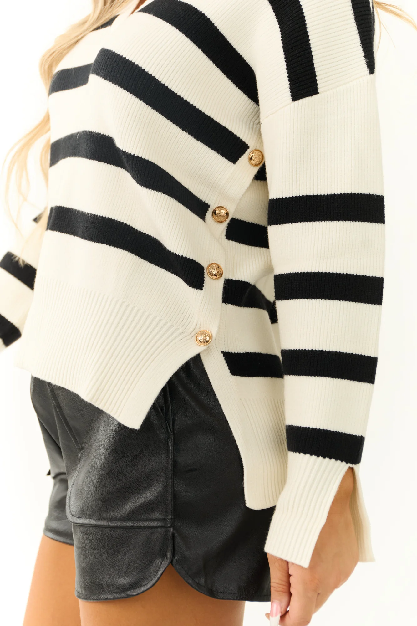 Black and Cream Striped Button Detail Sweater