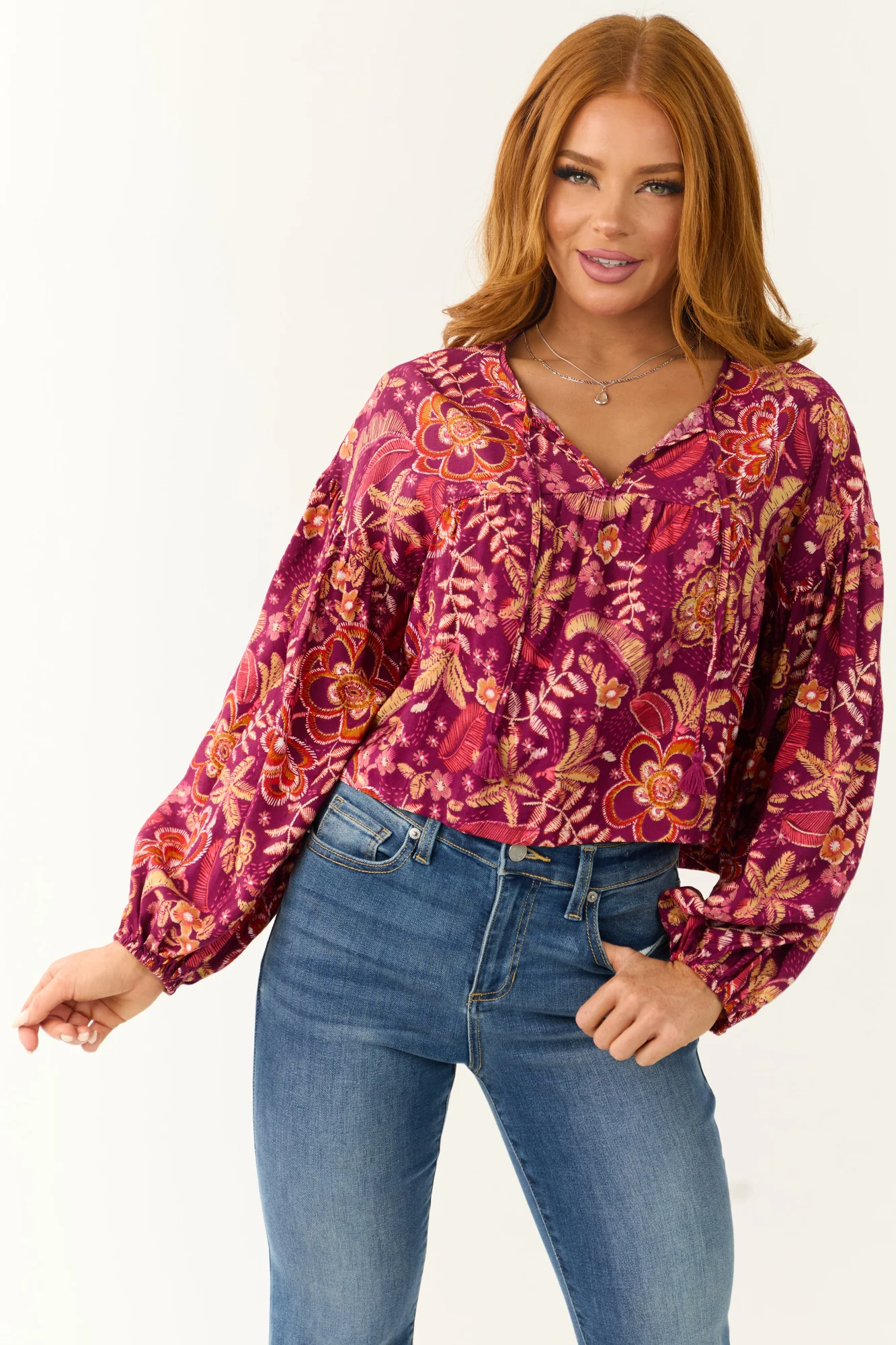 Floral Print Front Tie Long Sleeve Blouse