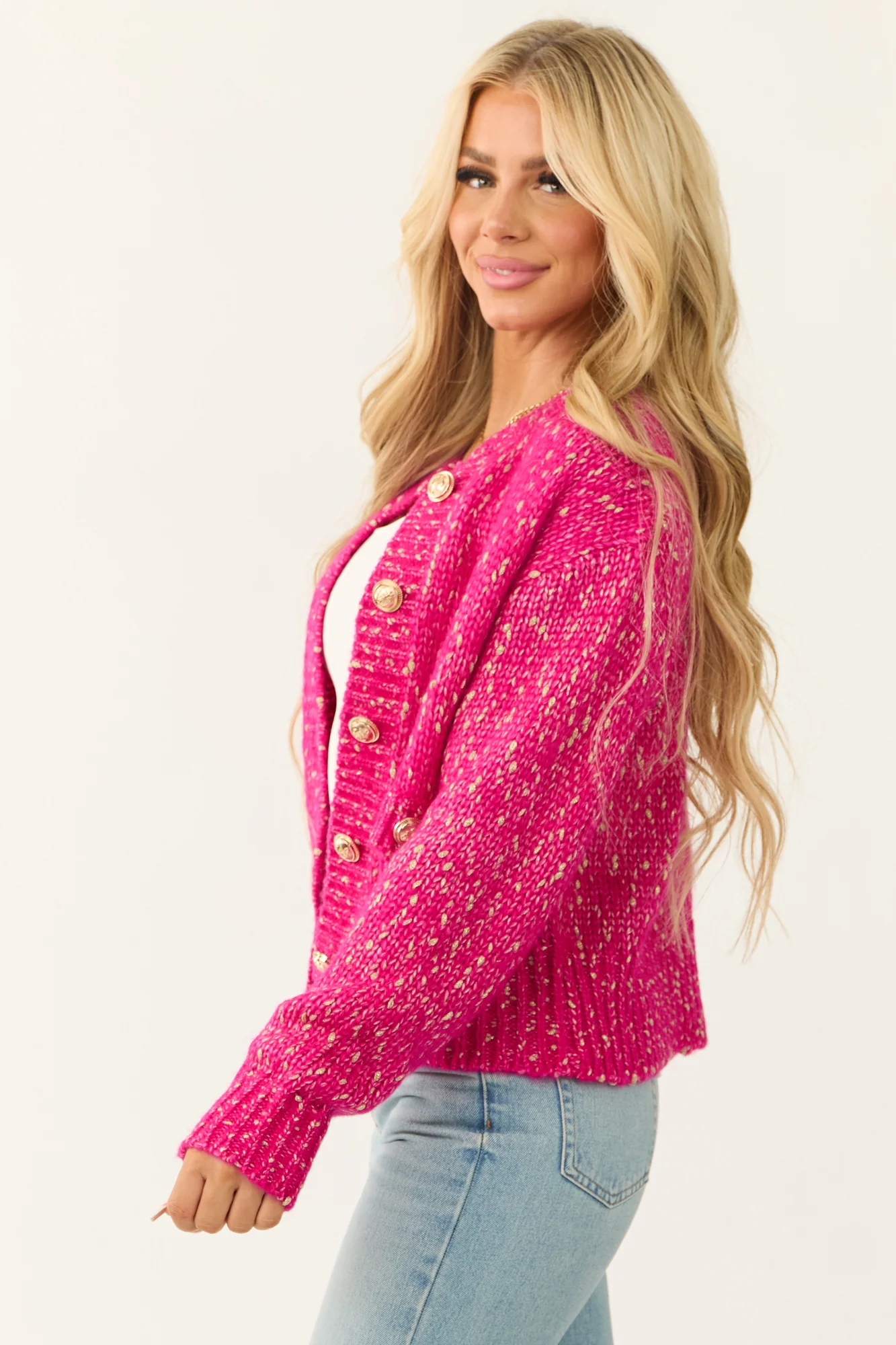 Gold Speckled Rib Knit Button-Up Cardigan