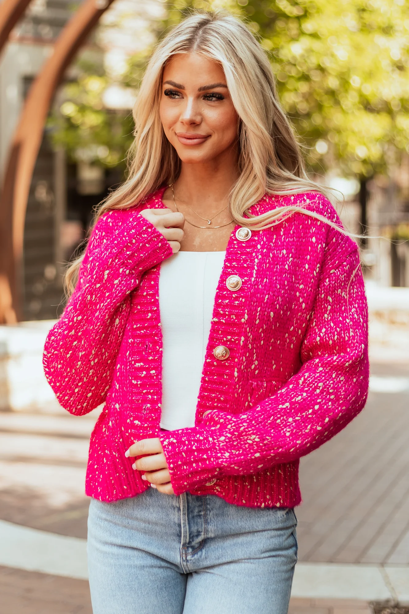 Gold Speckled Rib Knit Button-Up Cardigan