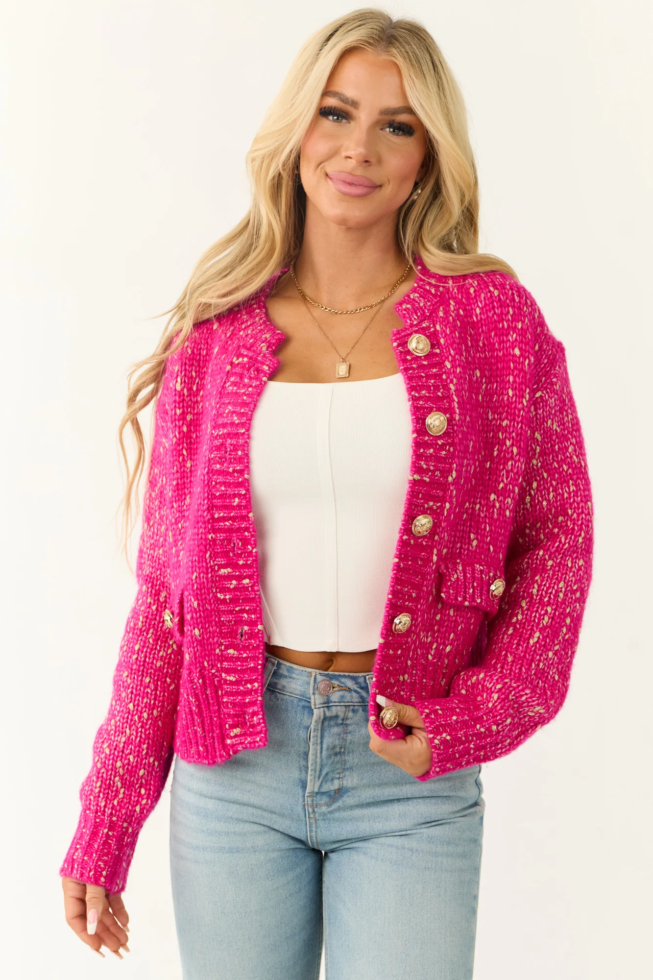 Gold Speckled Rib Knit Button-Up Cardigan