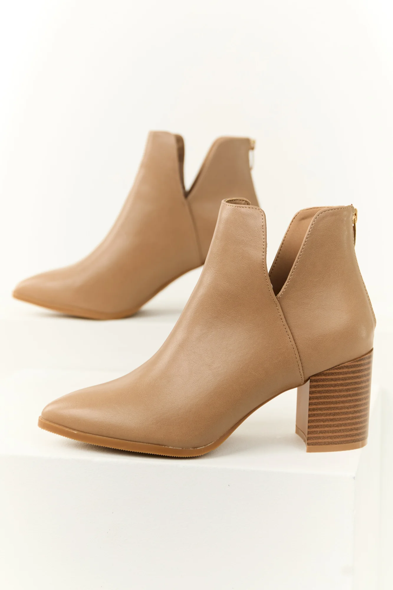Taupe Faux Leather Block Heel Booties