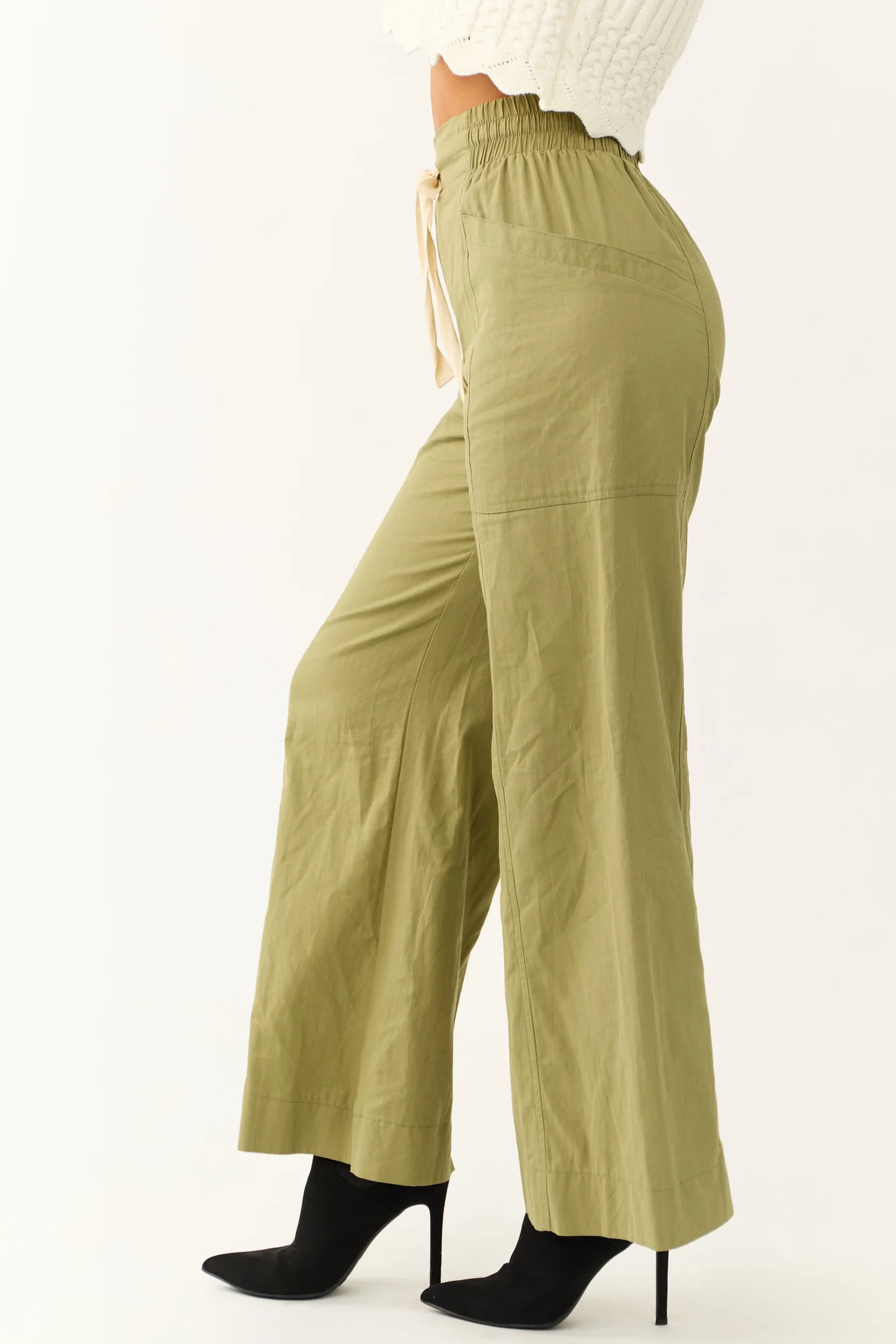 Green Wide Leg Cotton Pants with Drawstring Waist