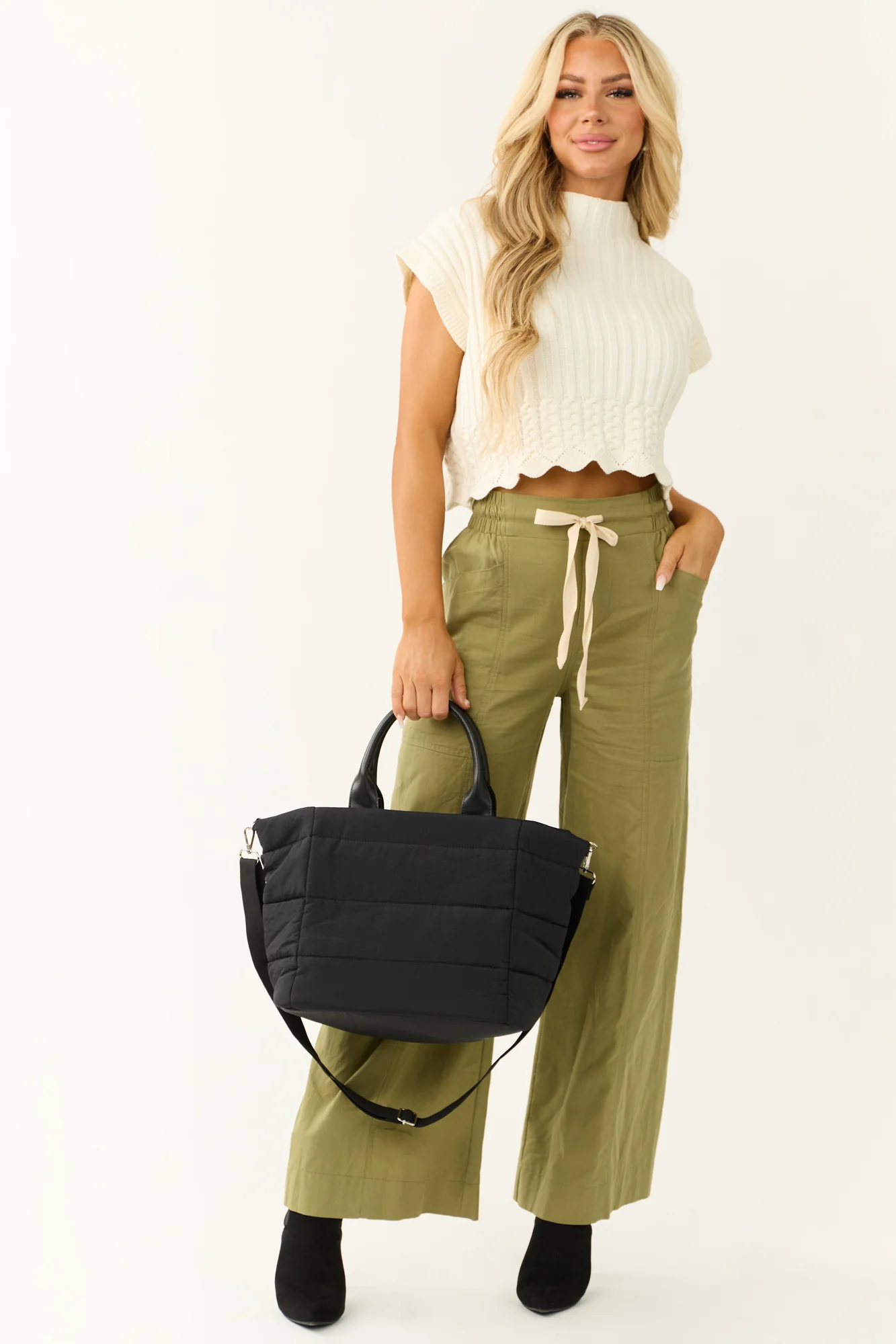Green Wide Leg Cotton Pants with Drawstring Waist