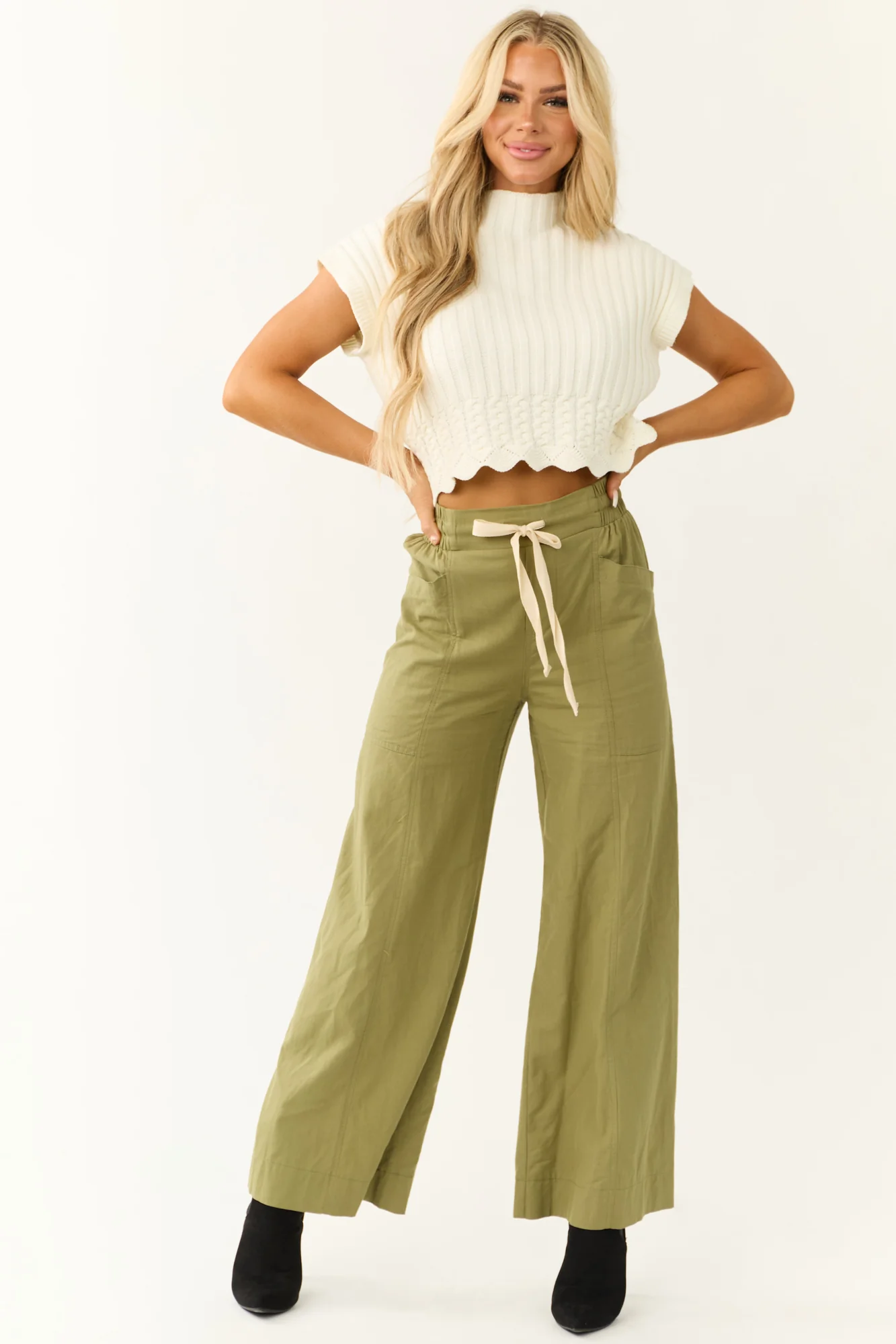 Green Wide Leg Cotton Pants with Drawstring Waist