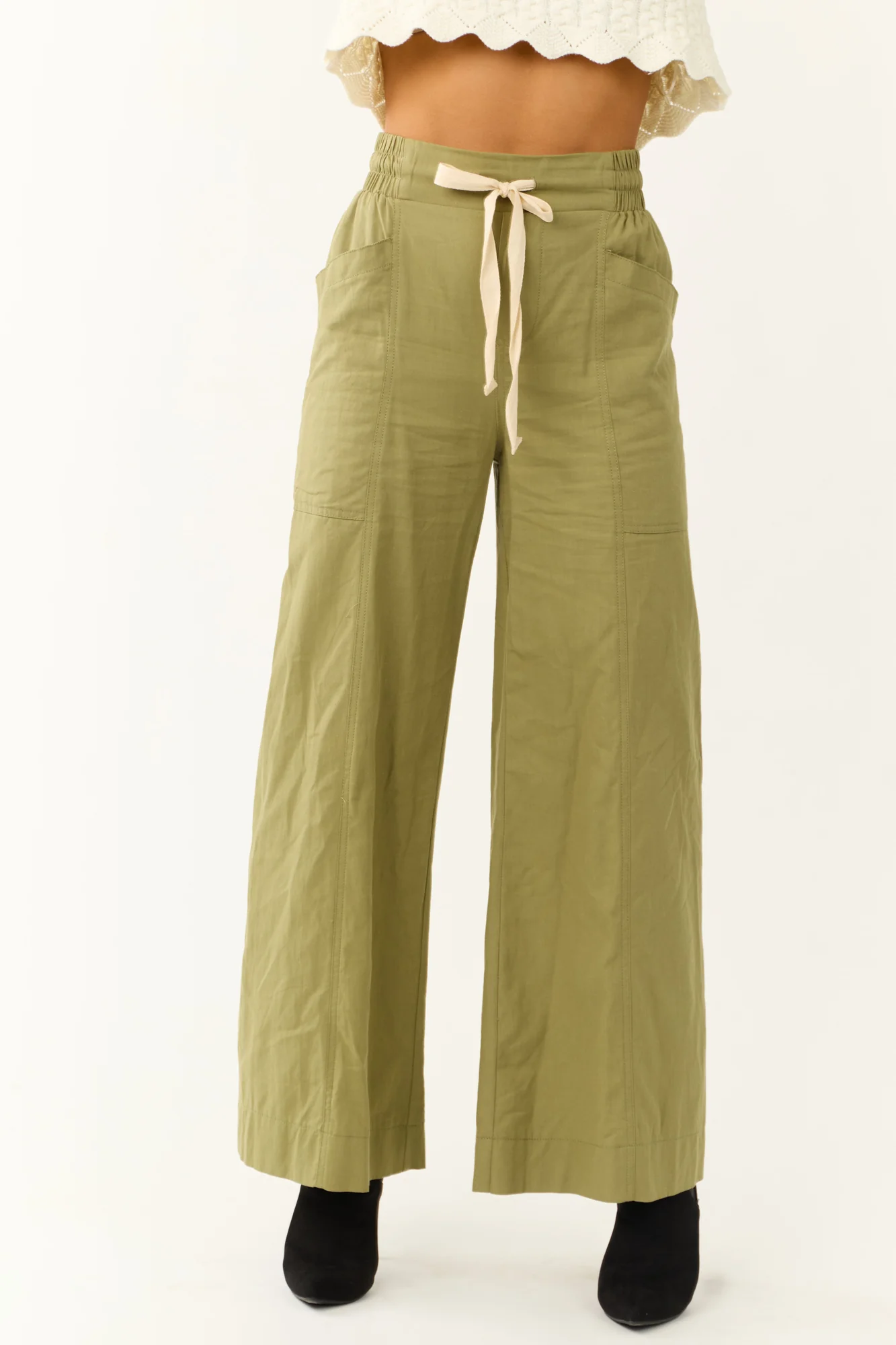 Green Wide Leg Cotton Pants with Drawstring Waist