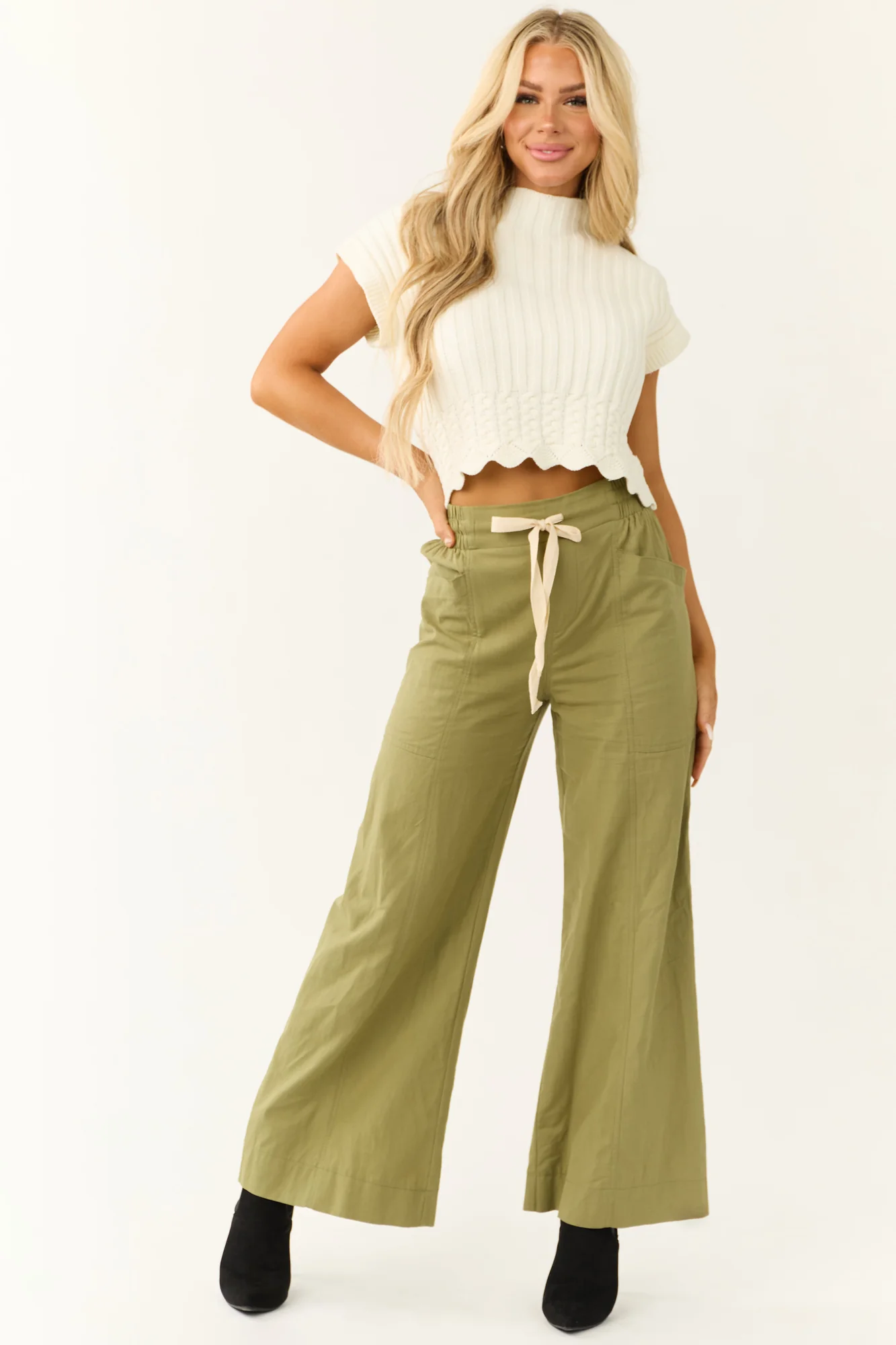 Green Wide Leg Cotton Pants with Drawstring Waist