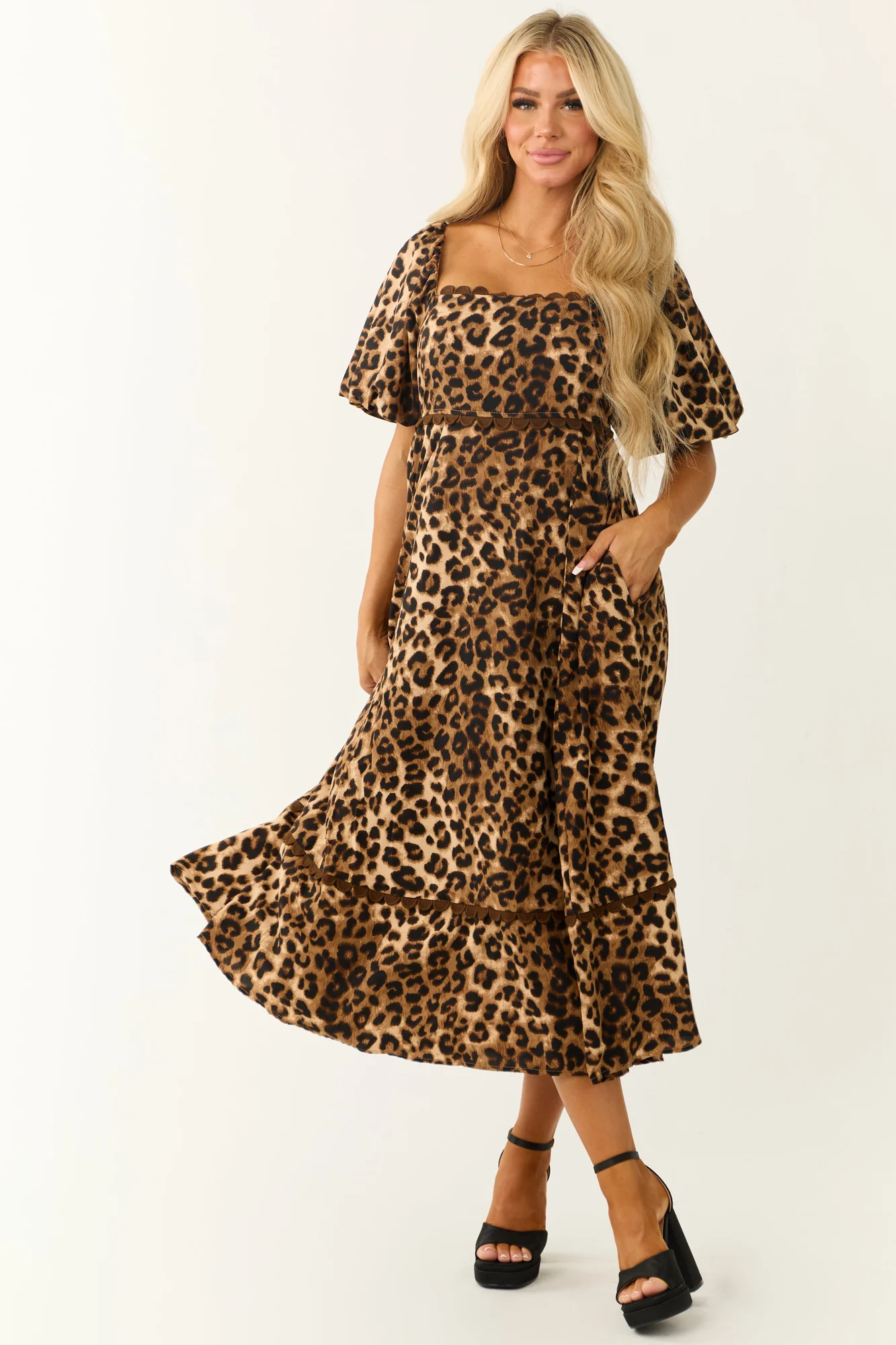 Leopard Print Puff Sleeve Midi Dress in Camel Brown