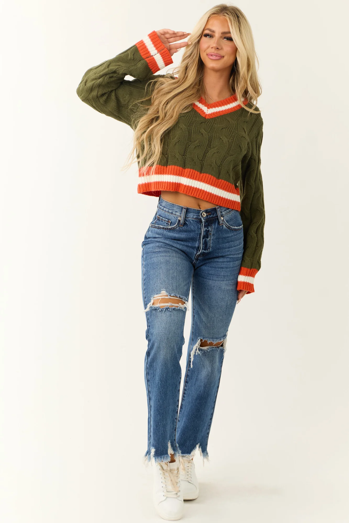 Green Cable Knit Sweater with Stripe Trim