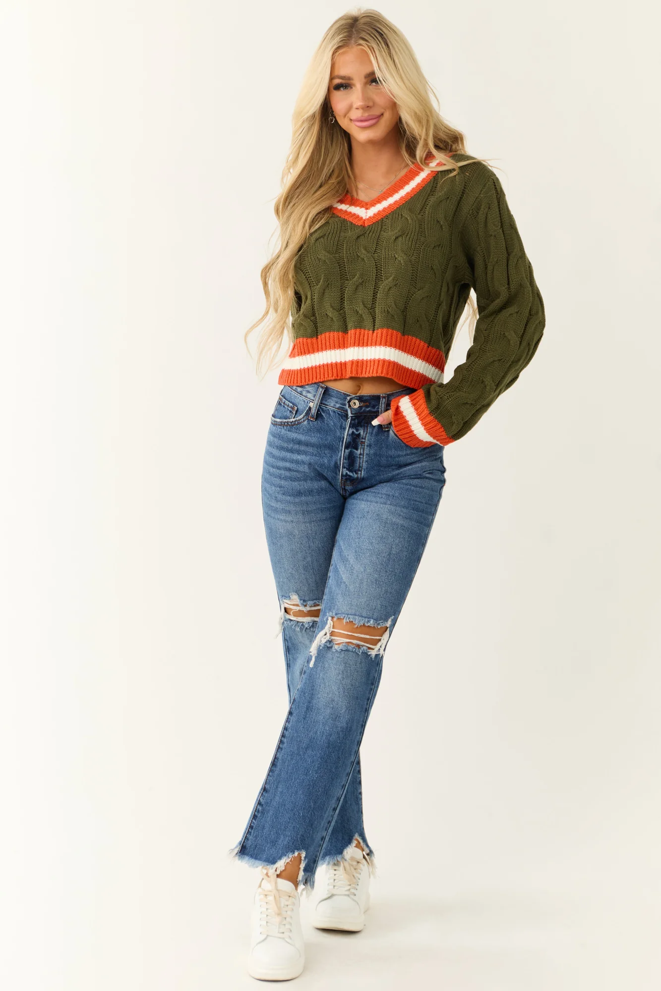Green Cable Knit Sweater with Stripe Trim