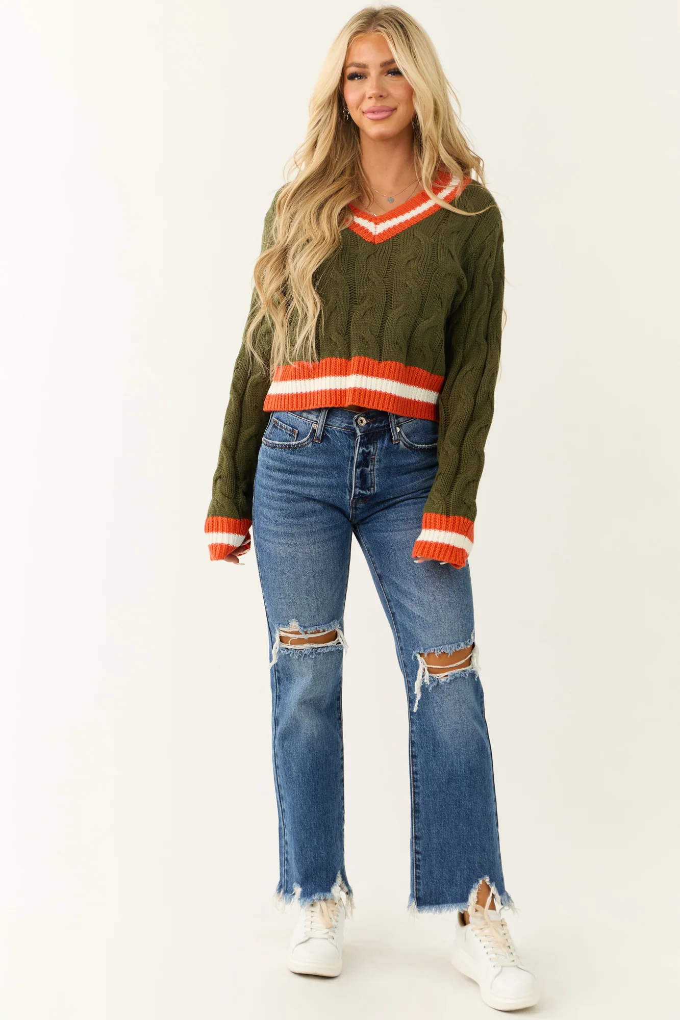 Green Cable Knit Sweater with Stripe Trim