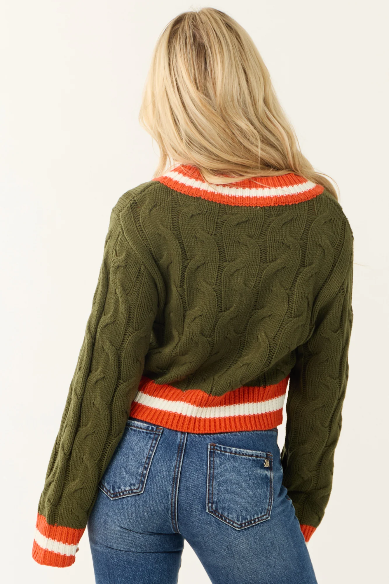 Green Cable Knit Sweater with Stripe Trim
