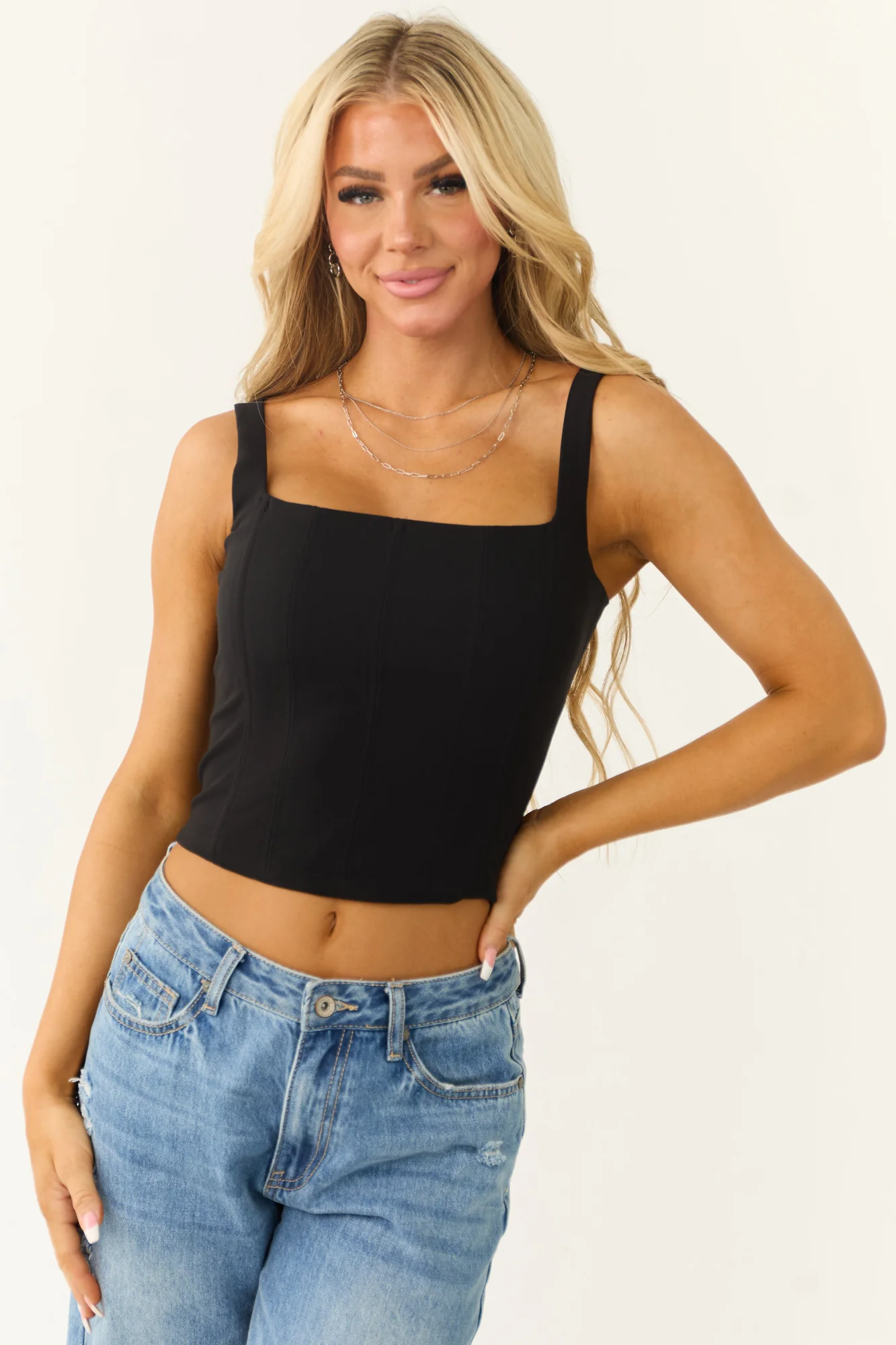 Black Square Neck Knit Tank Top