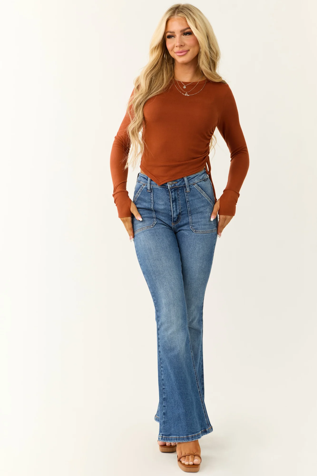 Soft Knit Top with Ruched Side Detail in Rust Color
