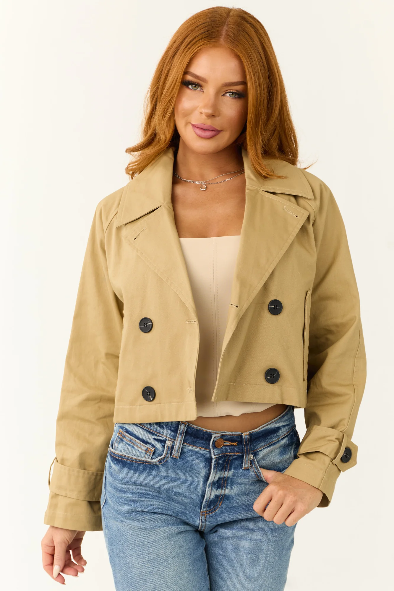 Taupe Collared Buttoned Cropped Jacket