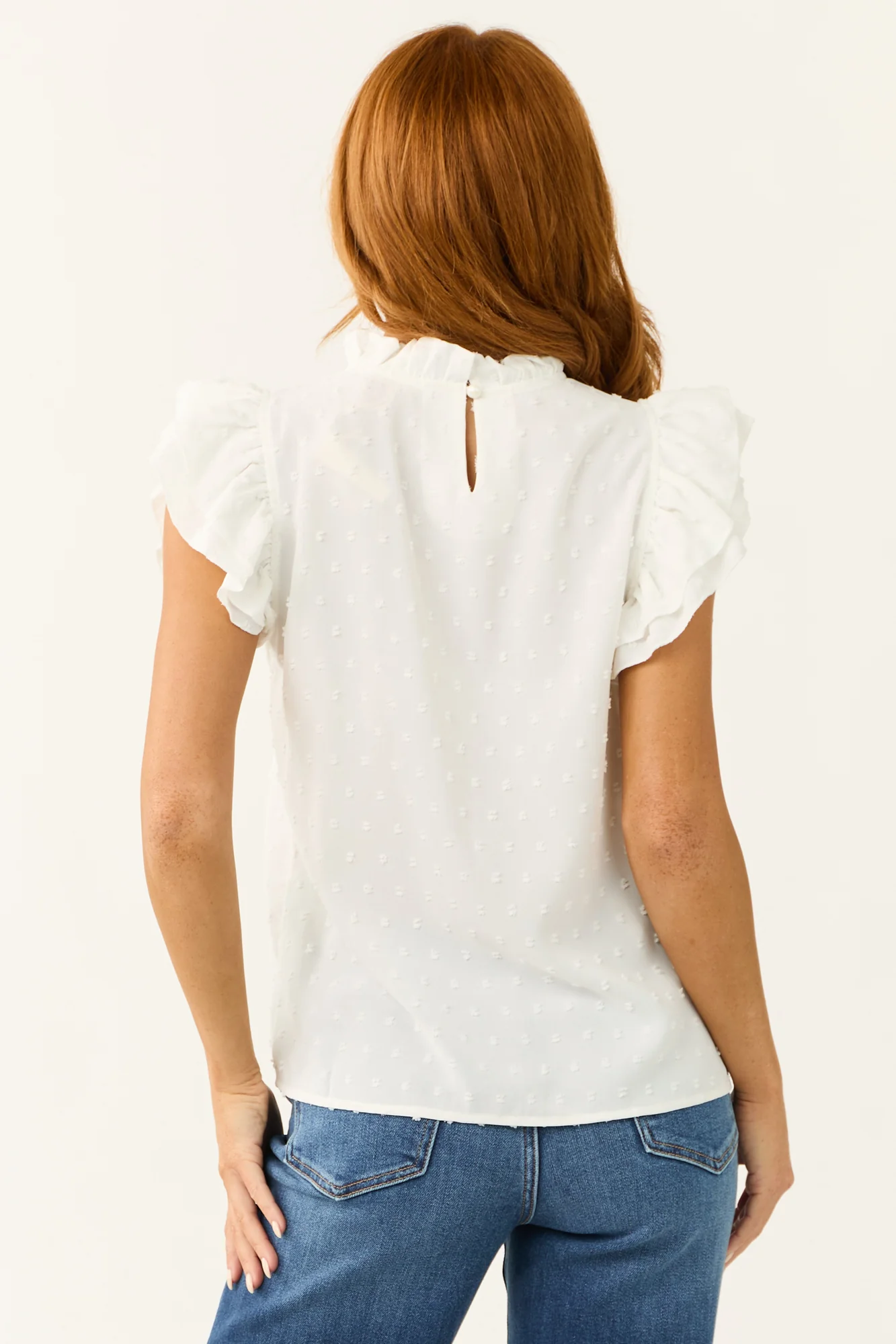 White Swiss Dot Short Sleeve Ruffle Neck Top