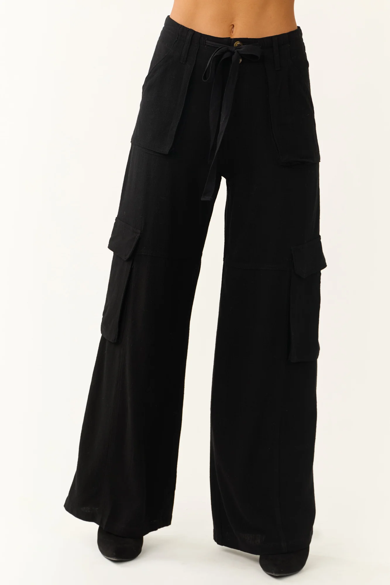 Black Wide Leg Cargo Pants, Relaxed Fit