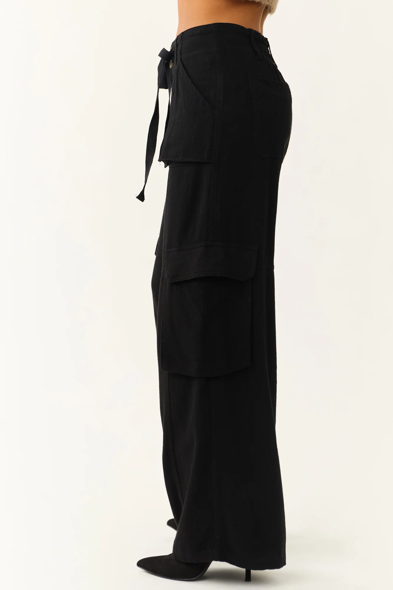 Black Wide Leg Cargo Pants, Relaxed Fit