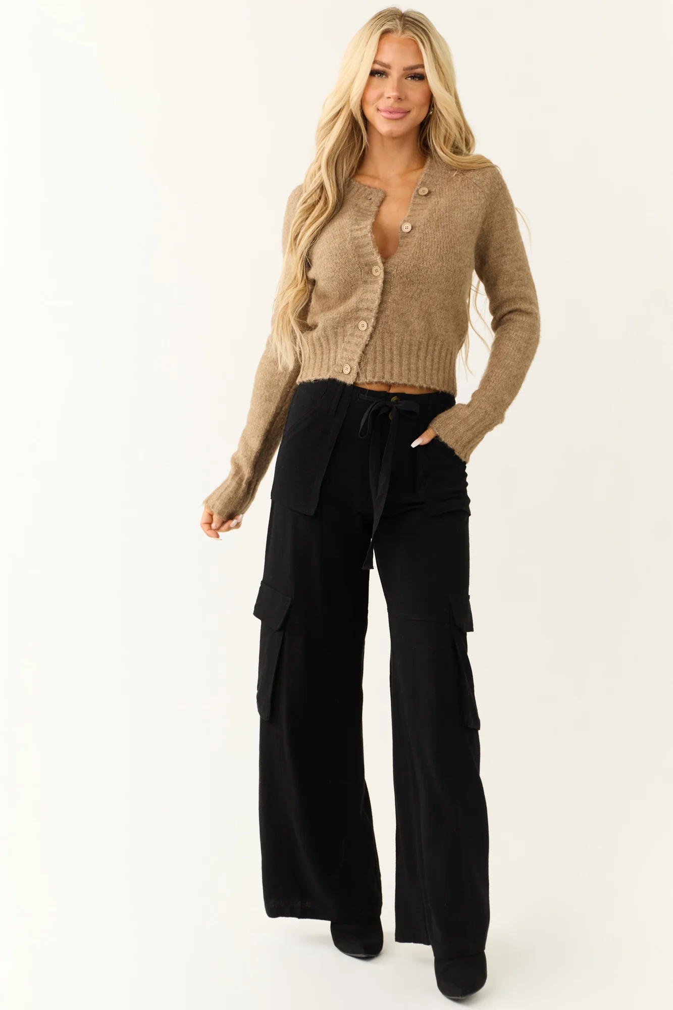 Black Wide Leg Cargo Pants, Relaxed Fit