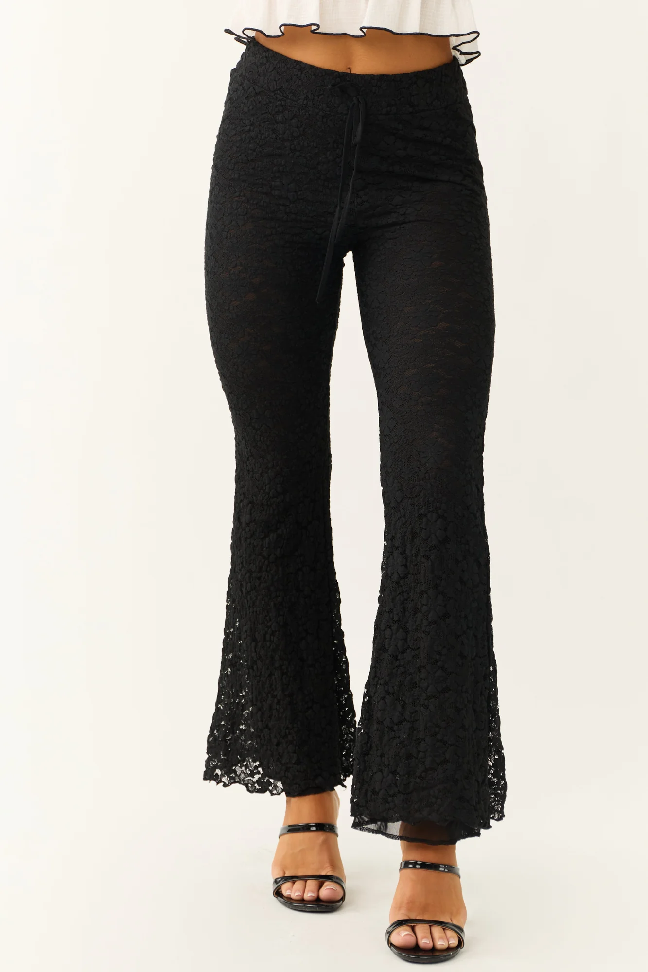 Black Lace Flare Waist Tie Pants