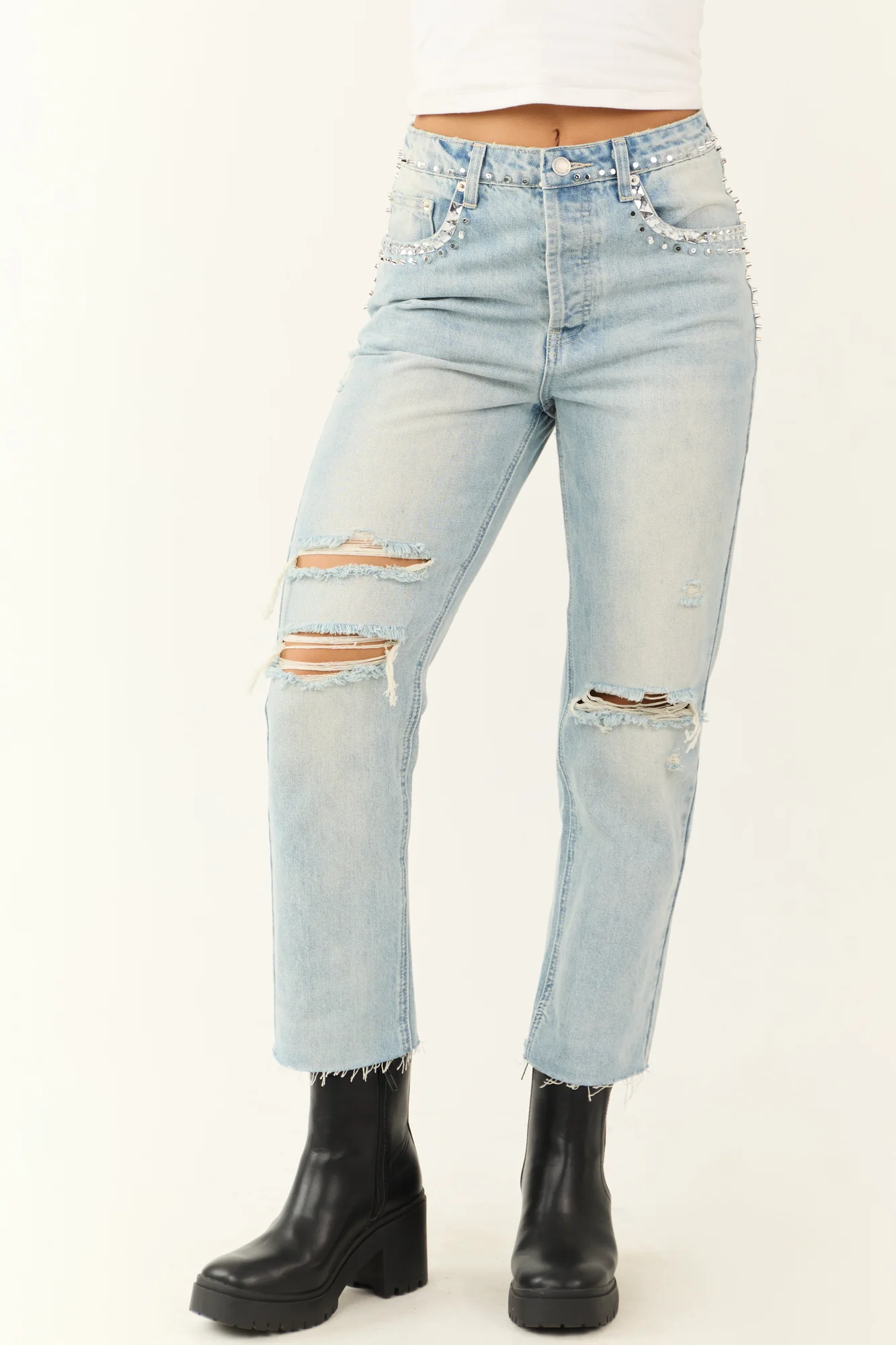 Light Wash Rhinestone Embellished Straight Denim Jeans