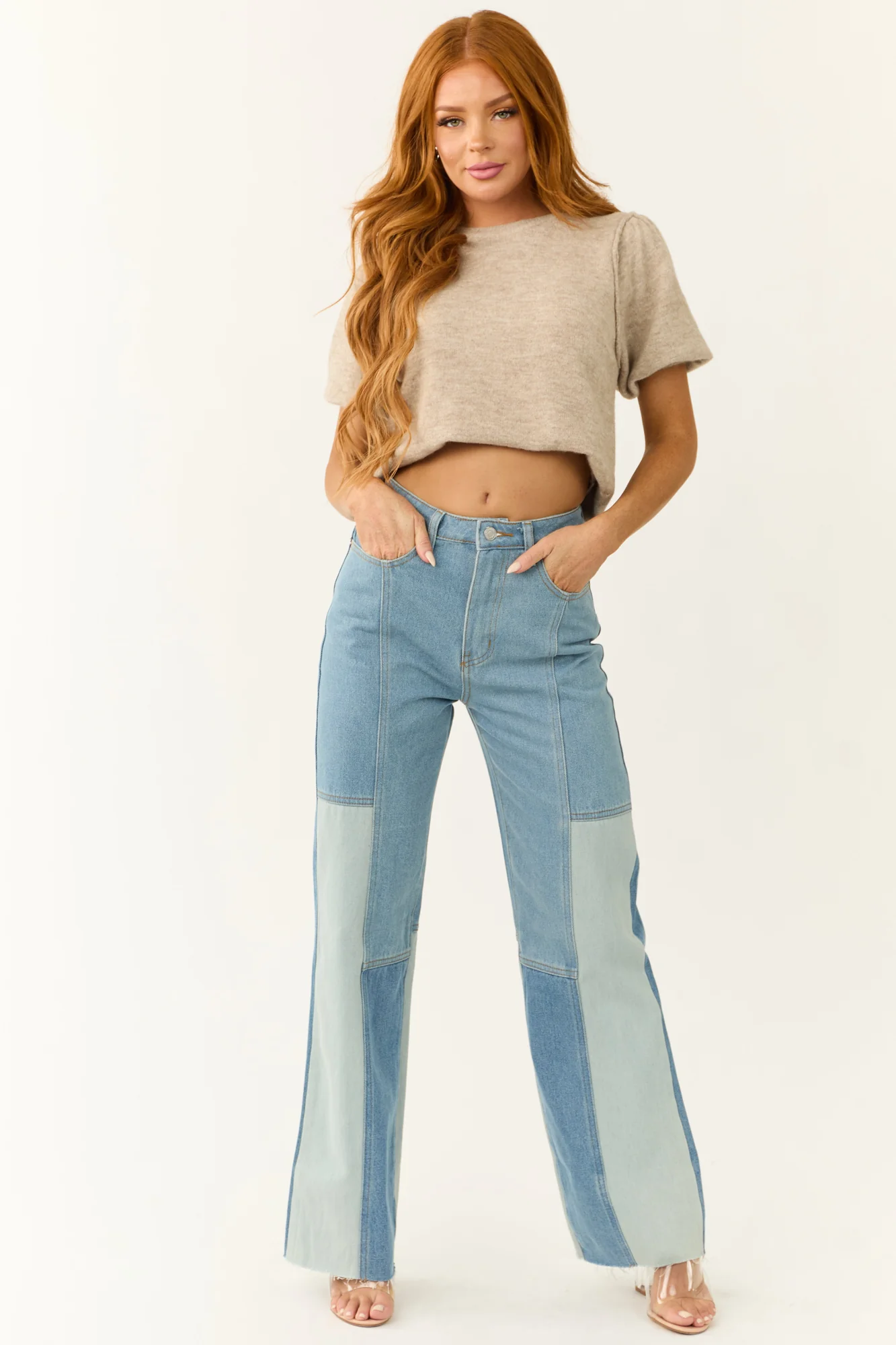 Colorblock Wide Leg Jeans in Medium Wash, High Rise Fit