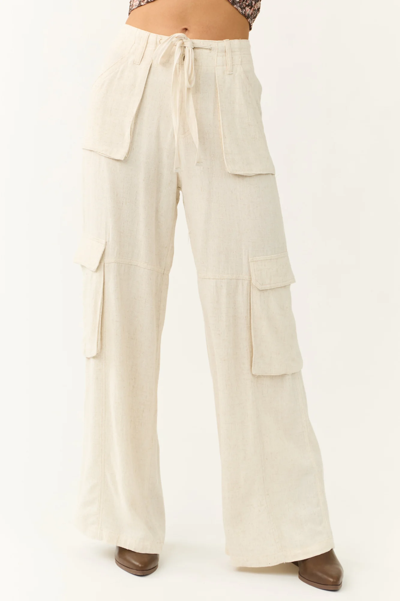White Linen Relaxed Fit Cargo Pants