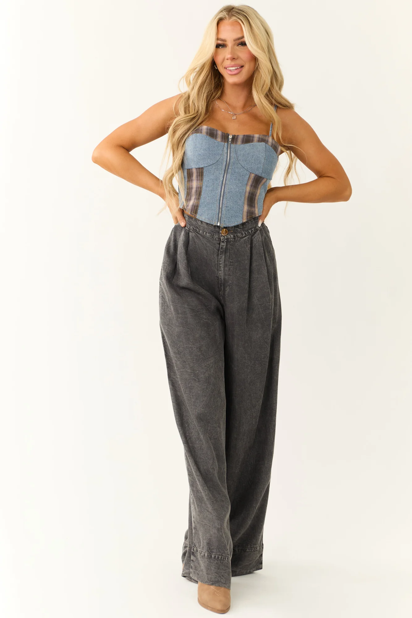 Denim Plaid Contrast Corset Tank Top in Medium Wash