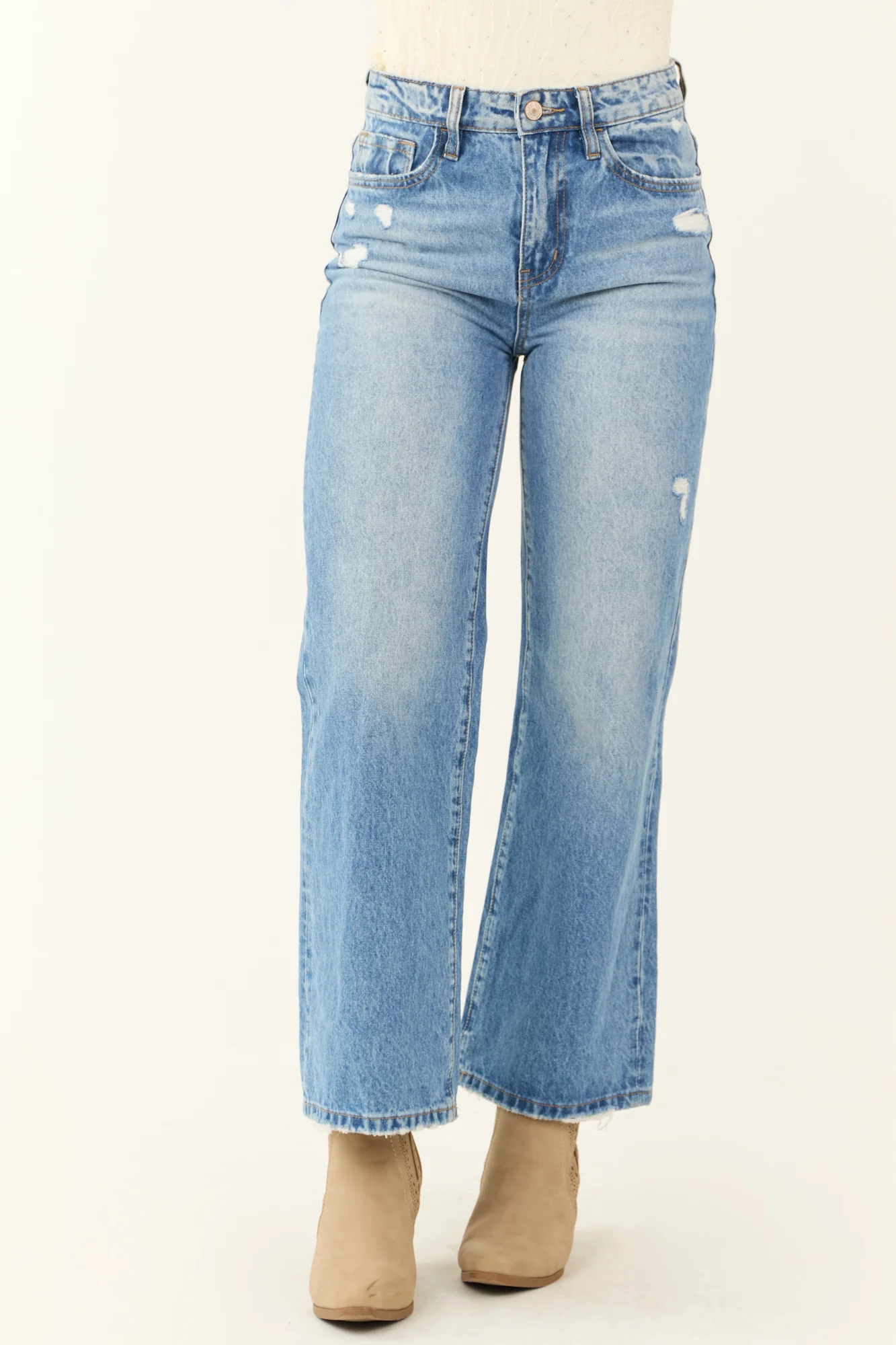 Medium Wash Wide Leg Ankle Jeans for Women - High Rise Distressed Denim