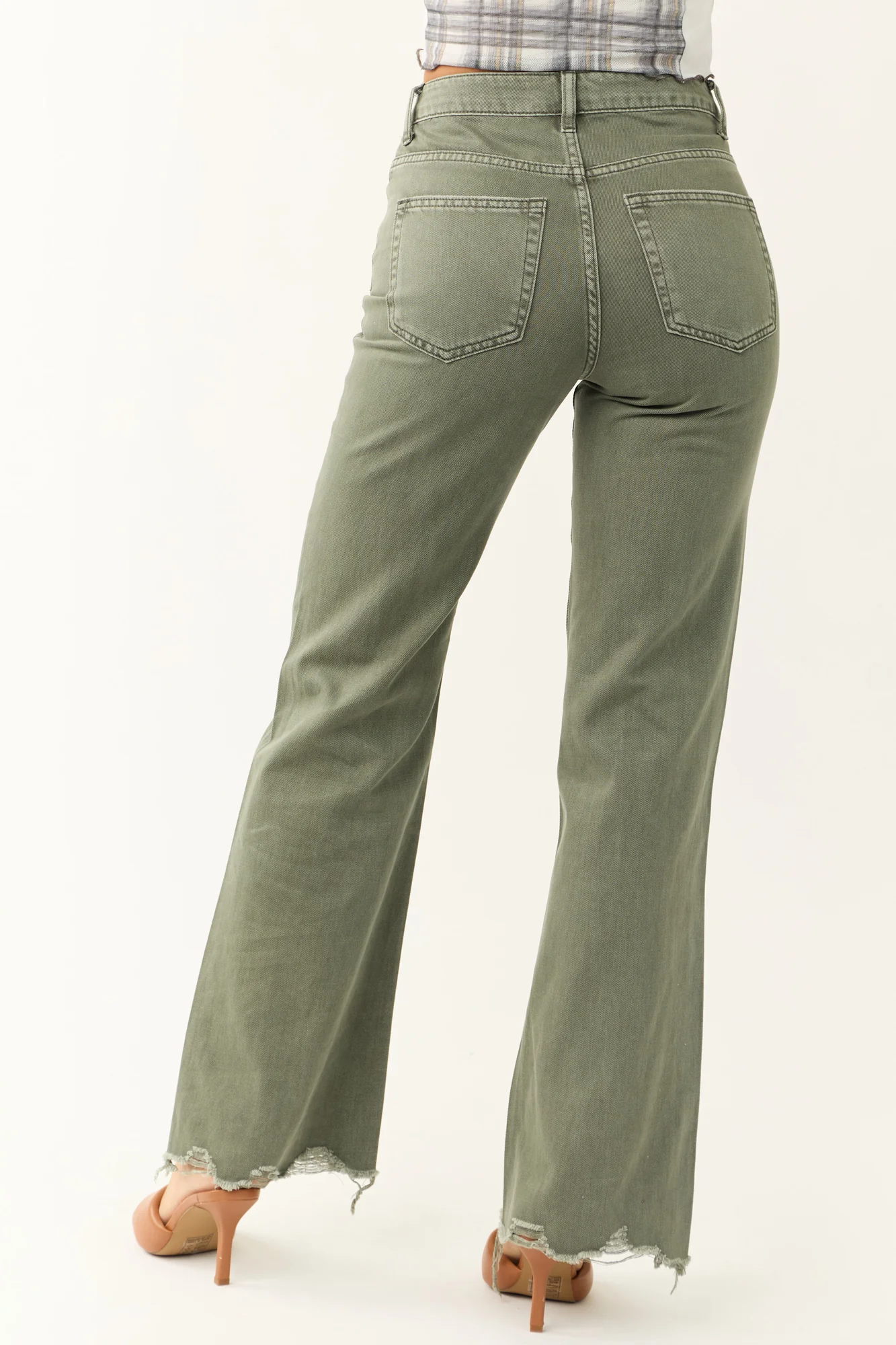 Green Distressed Flare Cotton Jeans