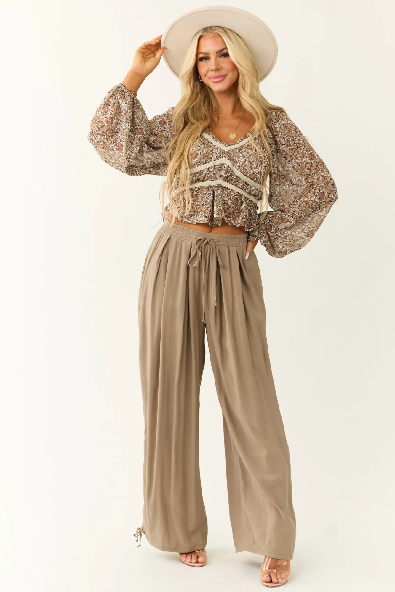 Taupe Drawstring Balloon Pants Womens Casual Bottoms