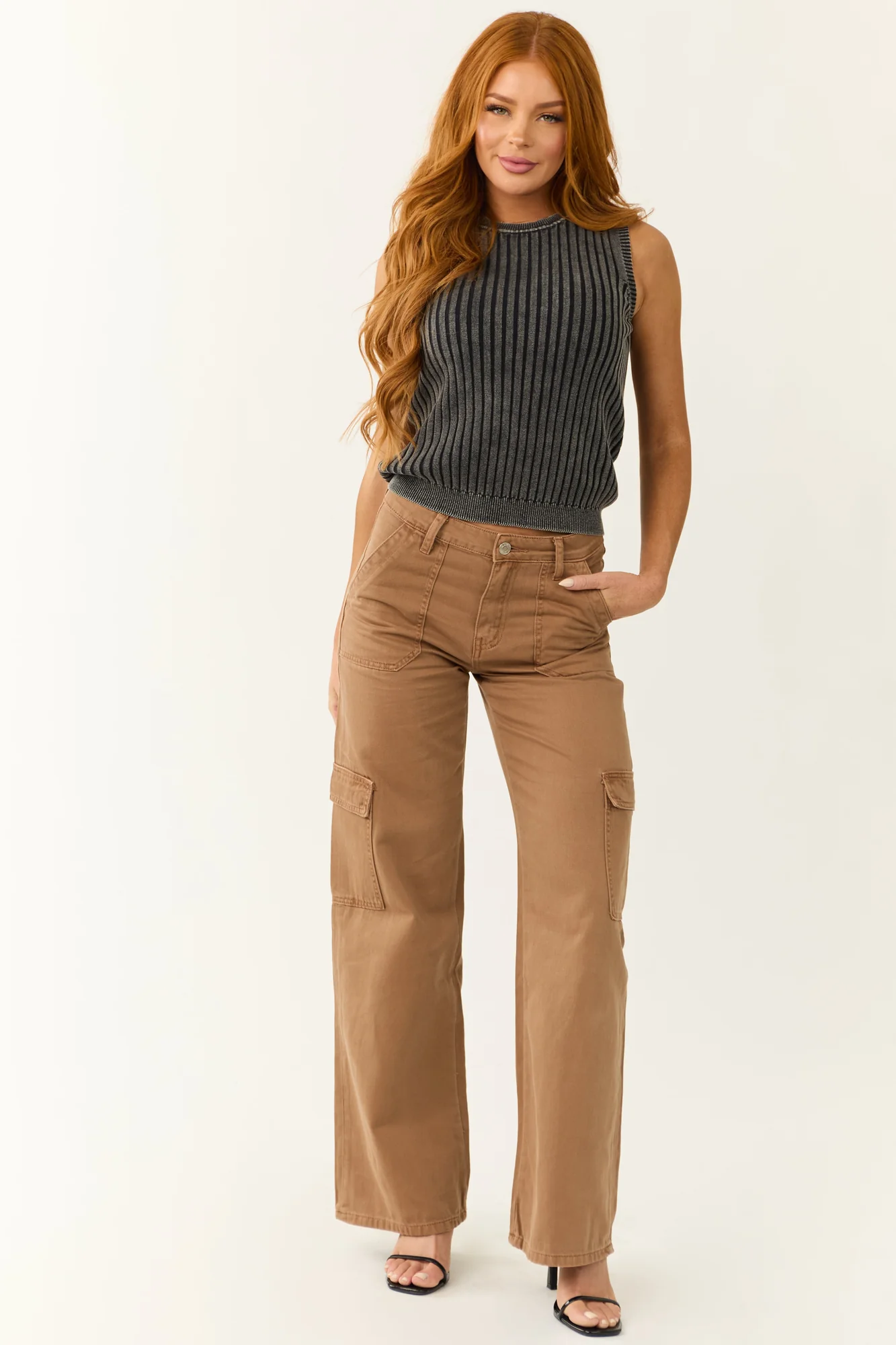 Brown High Rise Wide Leg Cargo Jeans