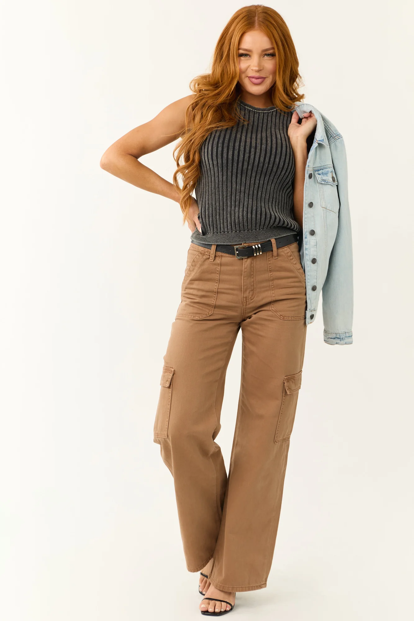Brown High Rise Wide Leg Cargo Jeans