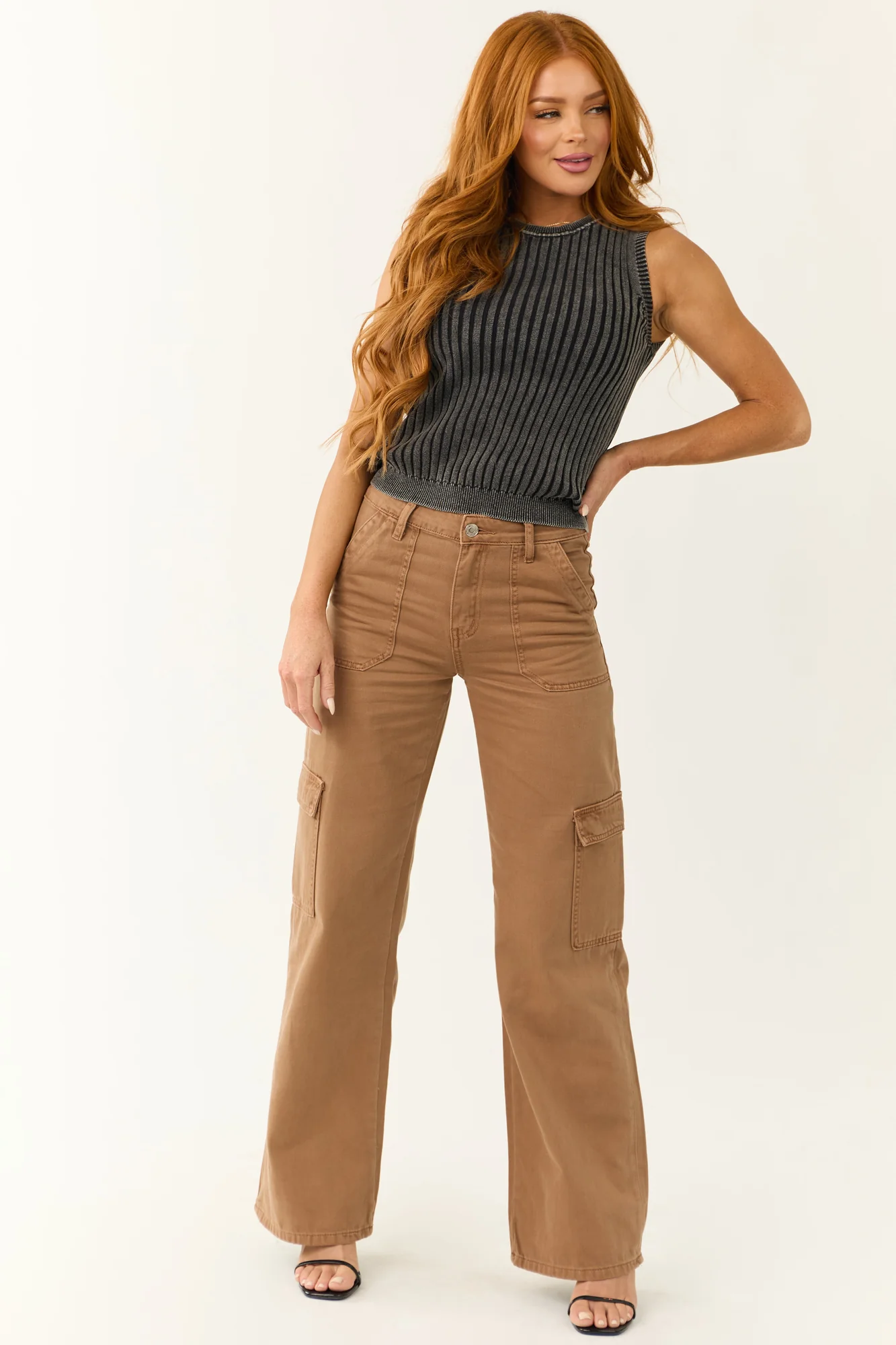 Brown High Rise Wide Leg Cargo Jeans
