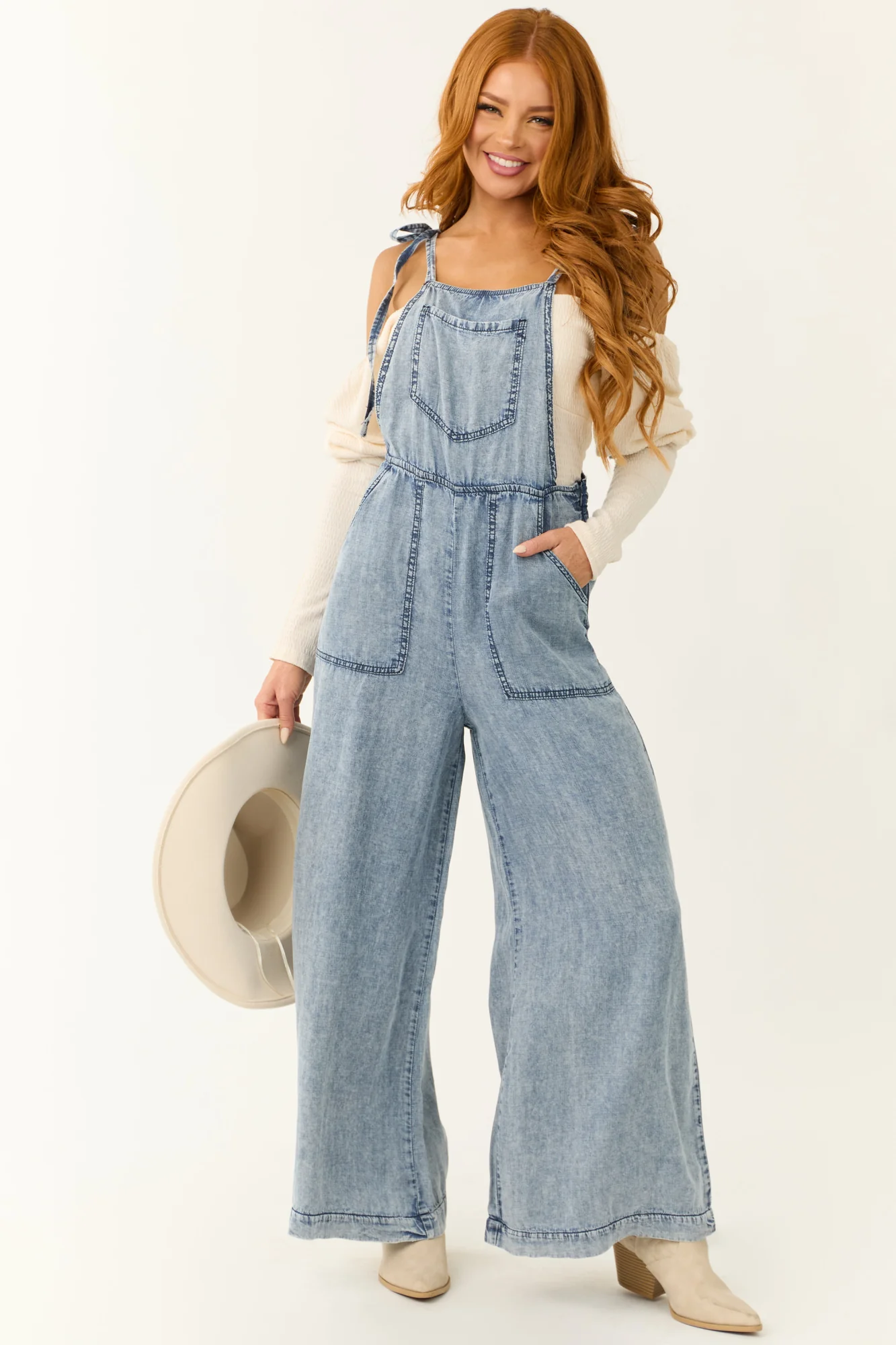 Blue Wide Leg Denim Jumpsuit