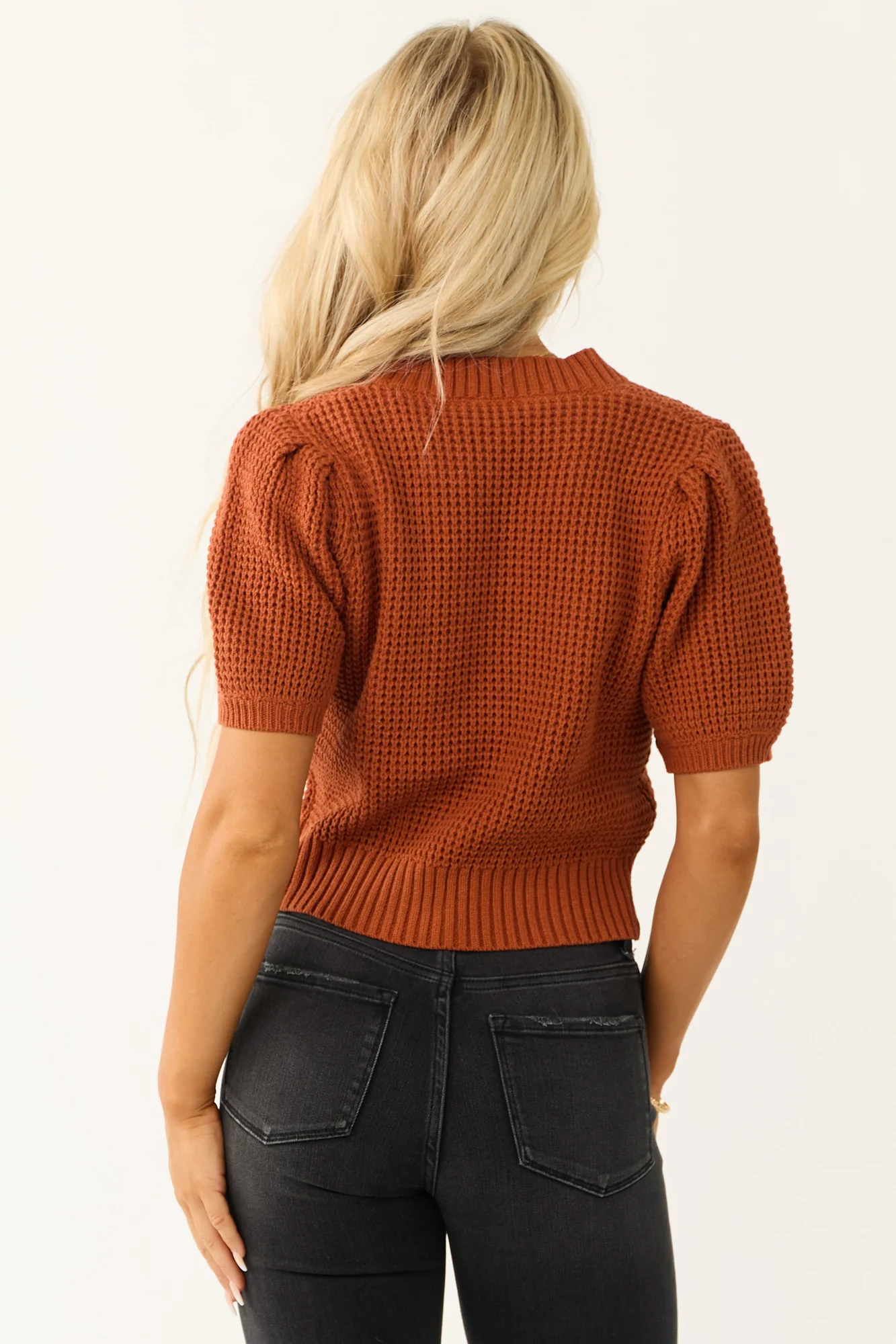 Burnt Orange Puff Sleeve Sweater Top