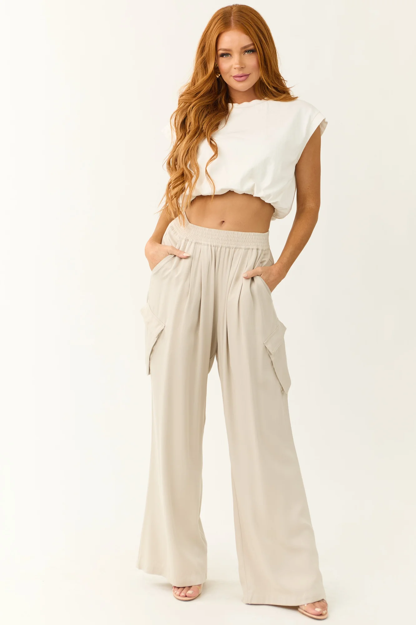 Smocked Waist Cargo Pants in Cloud Color - Stylish Bottoms for Women