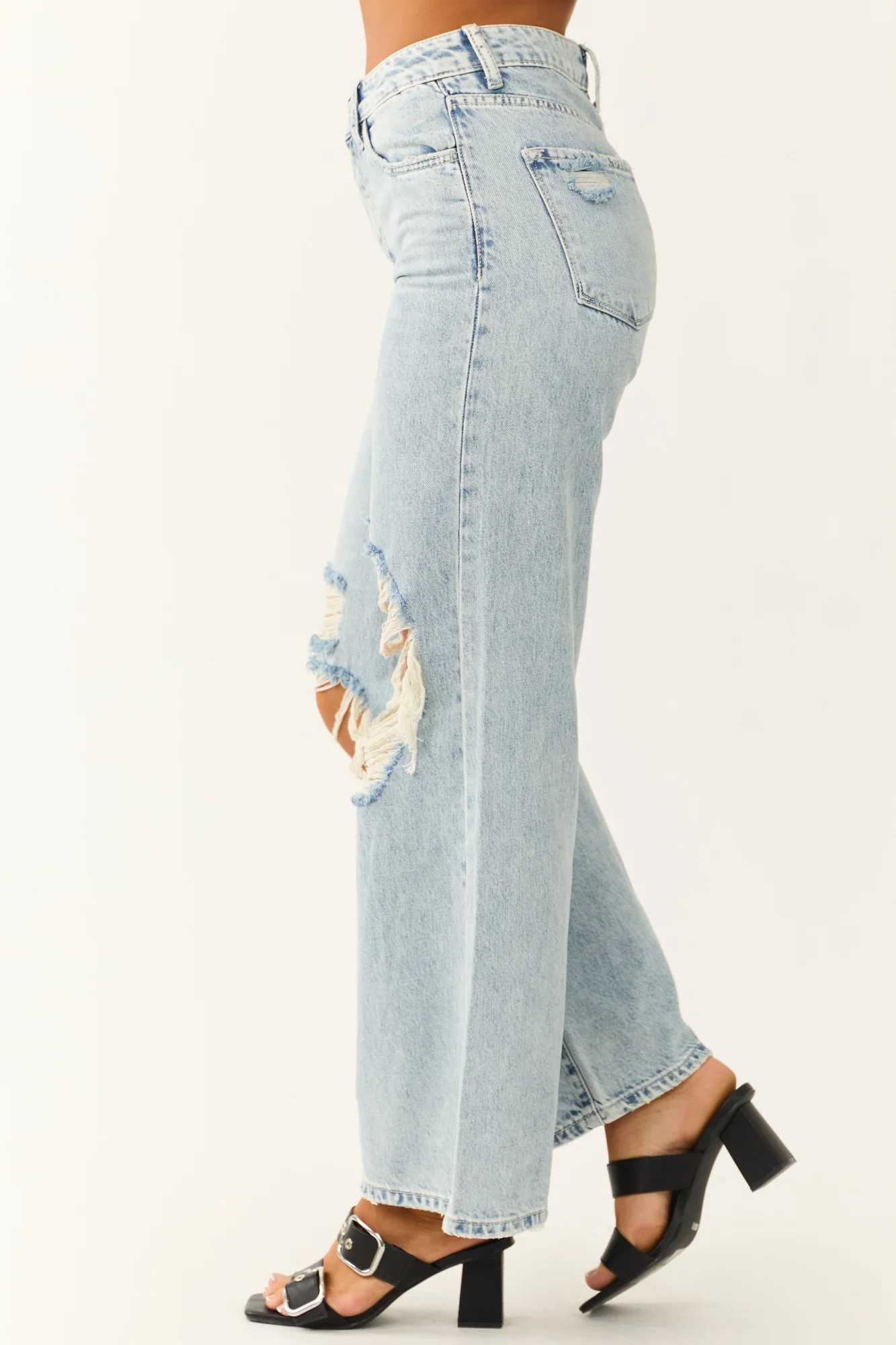 LighWash Wide Leg Jeans - High Rise Distressed Denim Pants