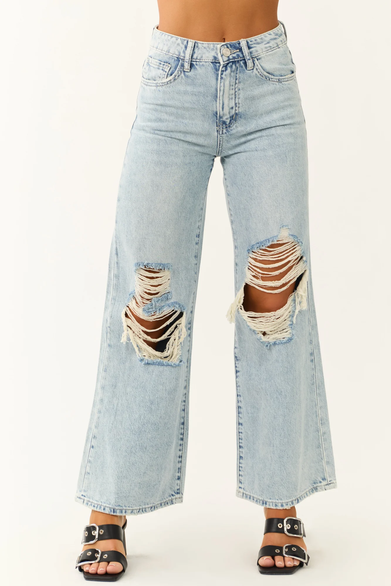 LighWash Wide Leg Jeans - High Rise Distressed Denim Pants