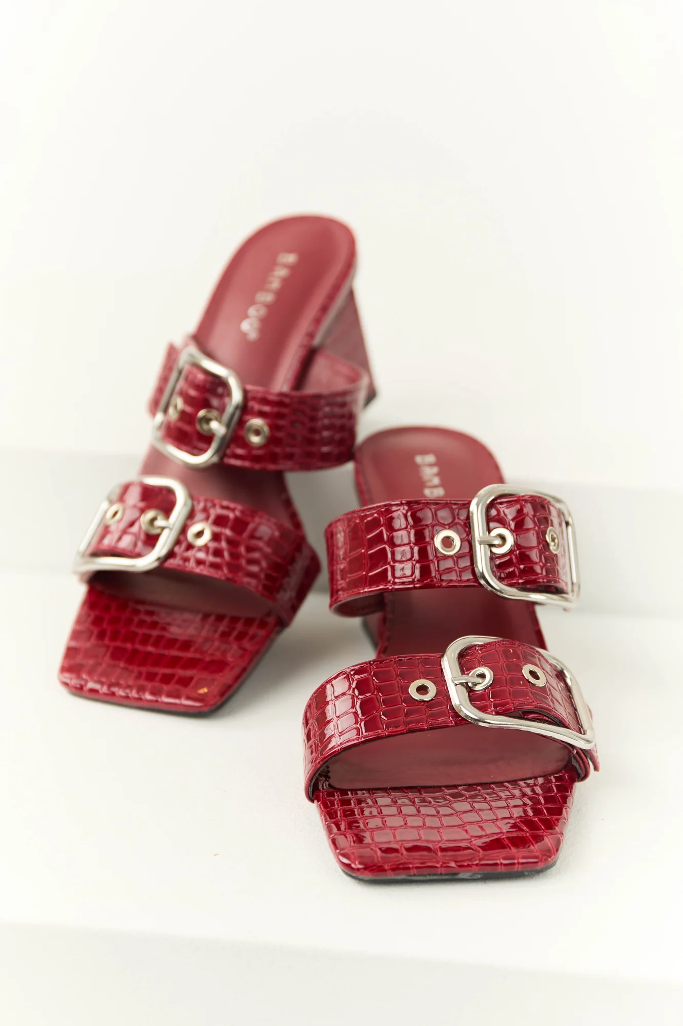 Red Faux Leather Open Toe Strap Block Heels