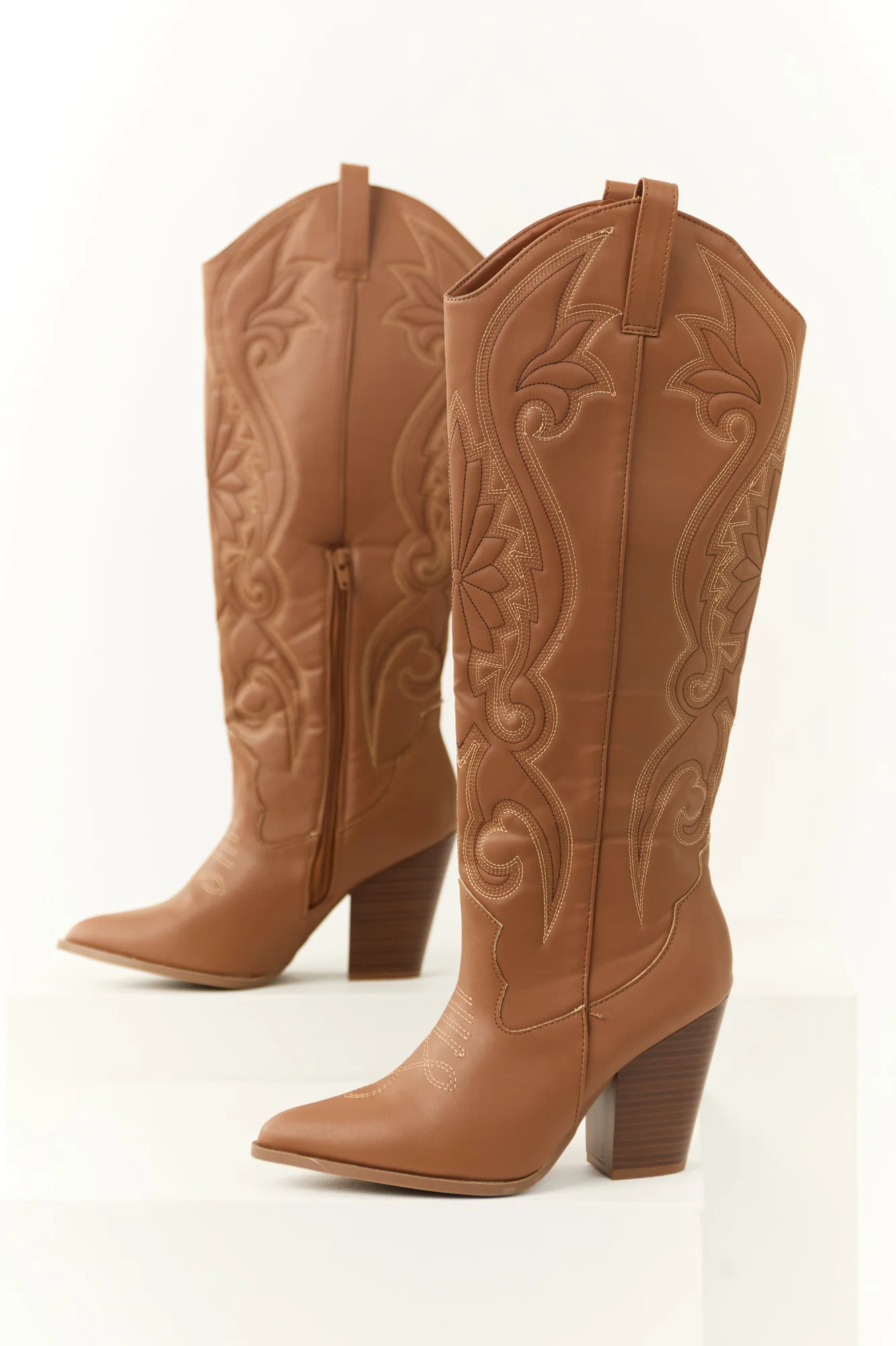 Embroidered Western Knee High Boots in Cognac Brown