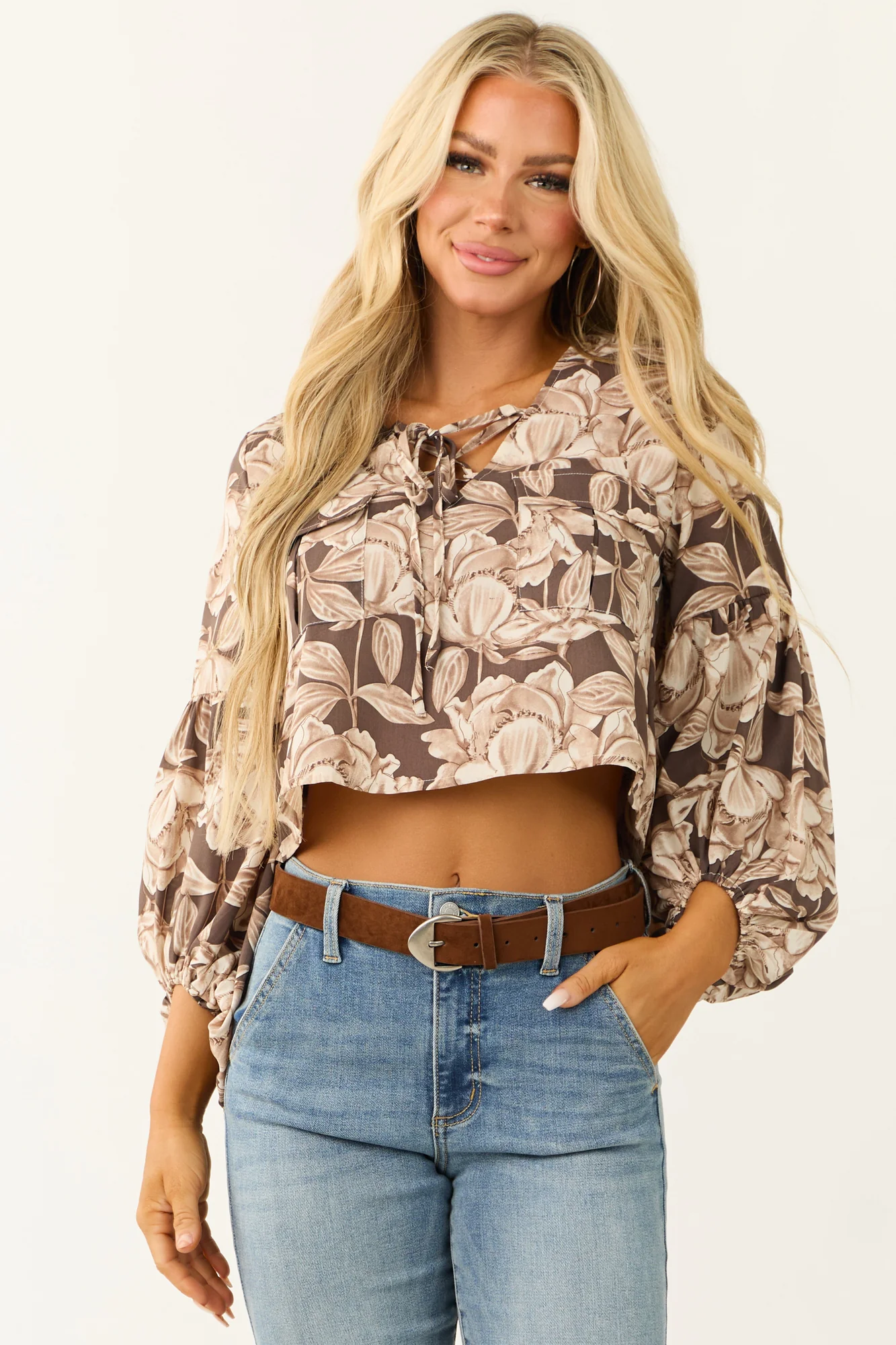 Cocoa Floral Printed Lace-Up Top
