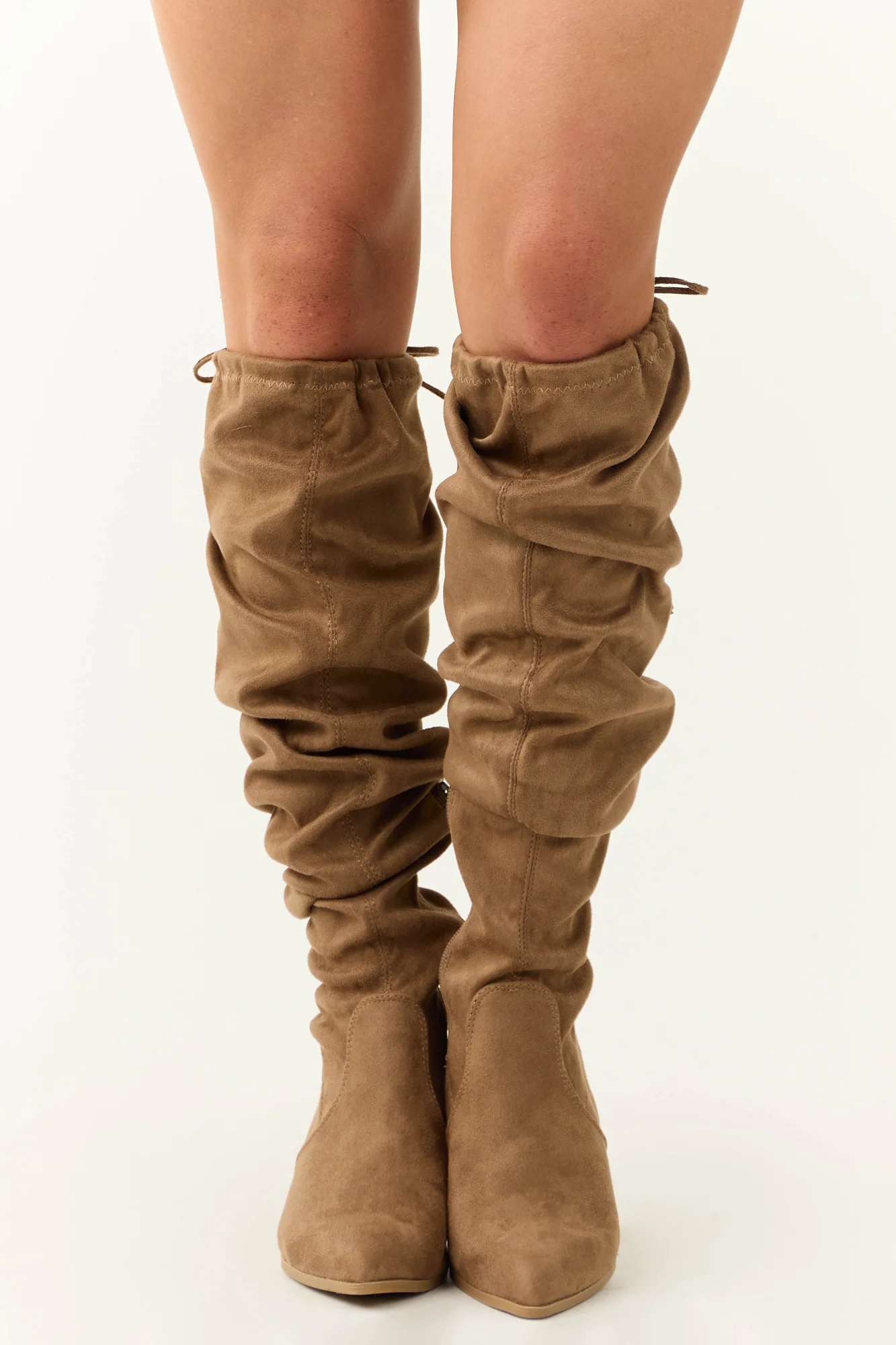 Brown Faux Suede Thigh High Boots - Womens Drawstring Fall Fashion Shoes