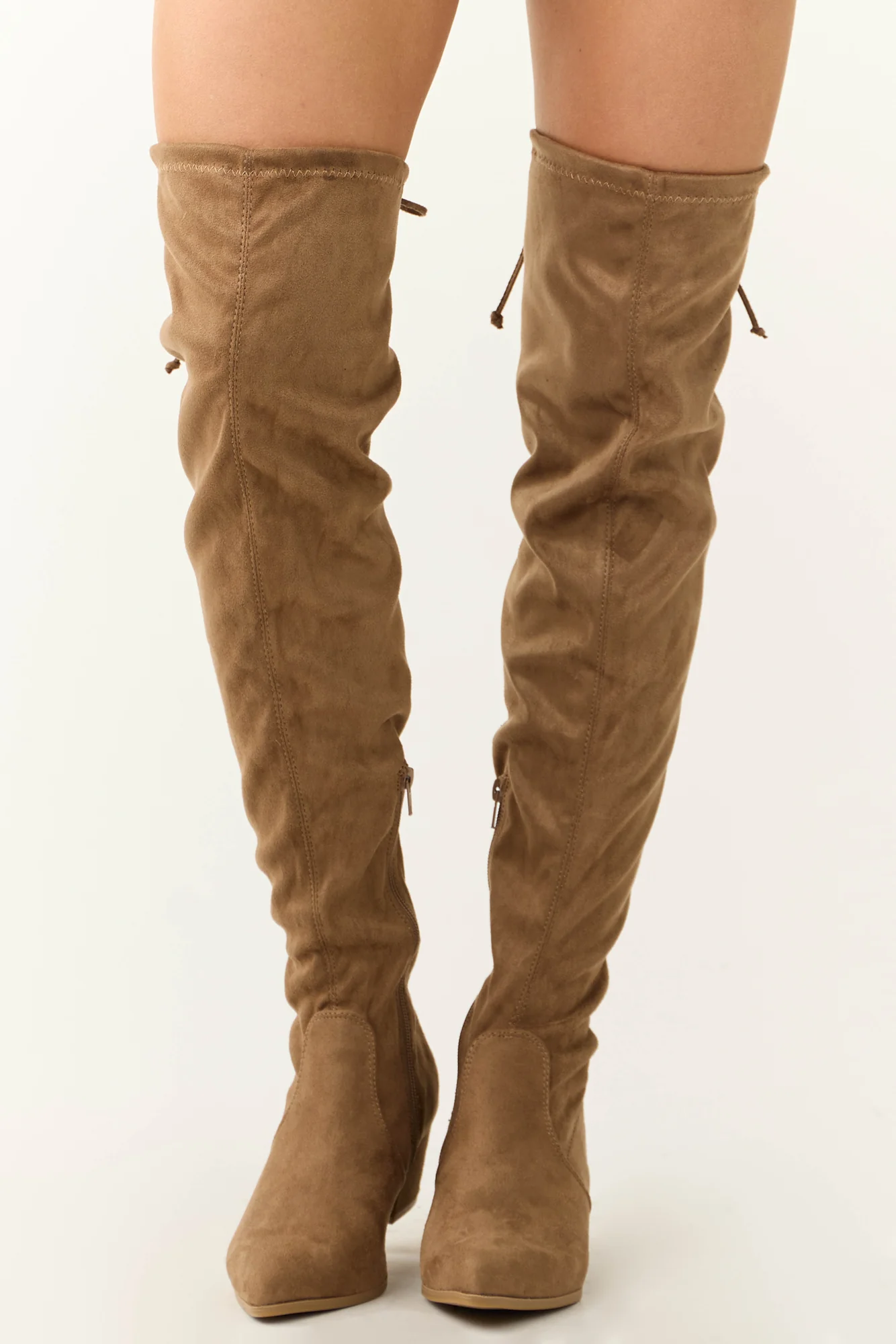 Brown Faux Suede Thigh High Boots - Womens Drawstring Fall Fashion Shoes