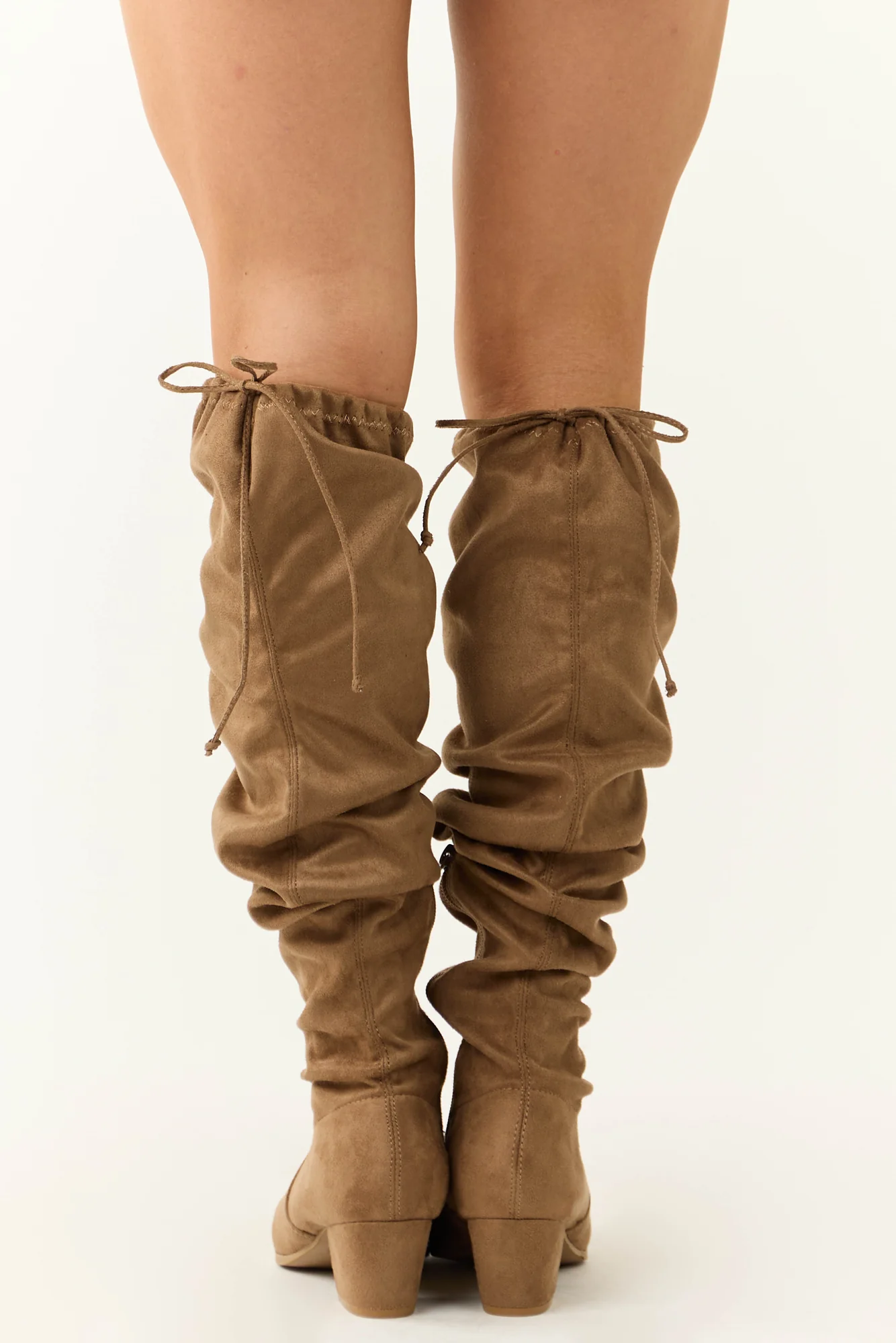 Brown Faux Suede Thigh High Boots - Womens Drawstring Fall Fashion Shoes