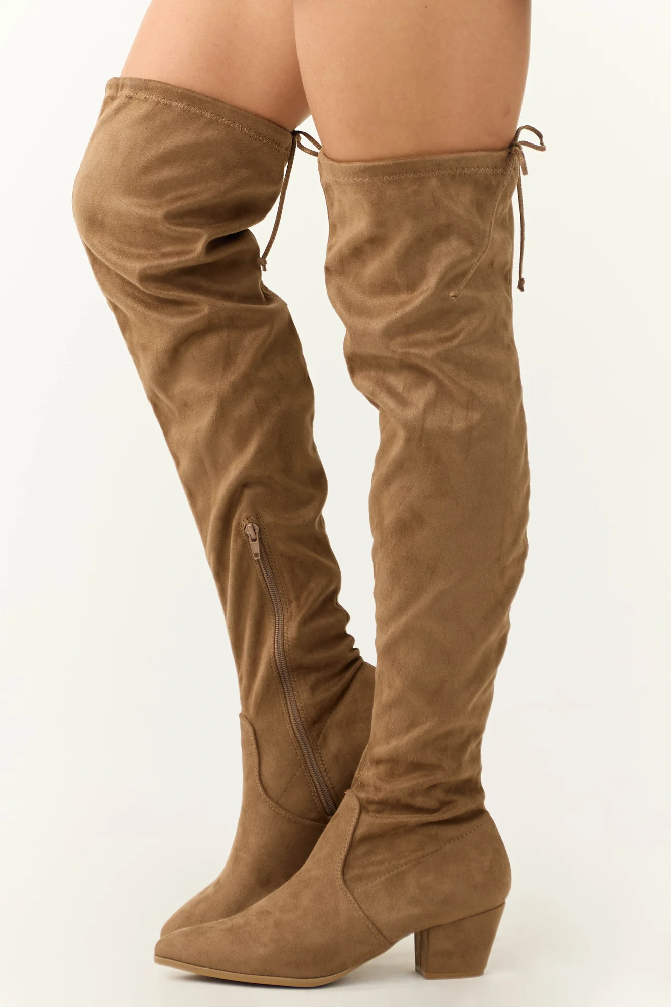 Brown Faux Suede Thigh High Boots - Womens Drawstring Fall Fashion Shoes