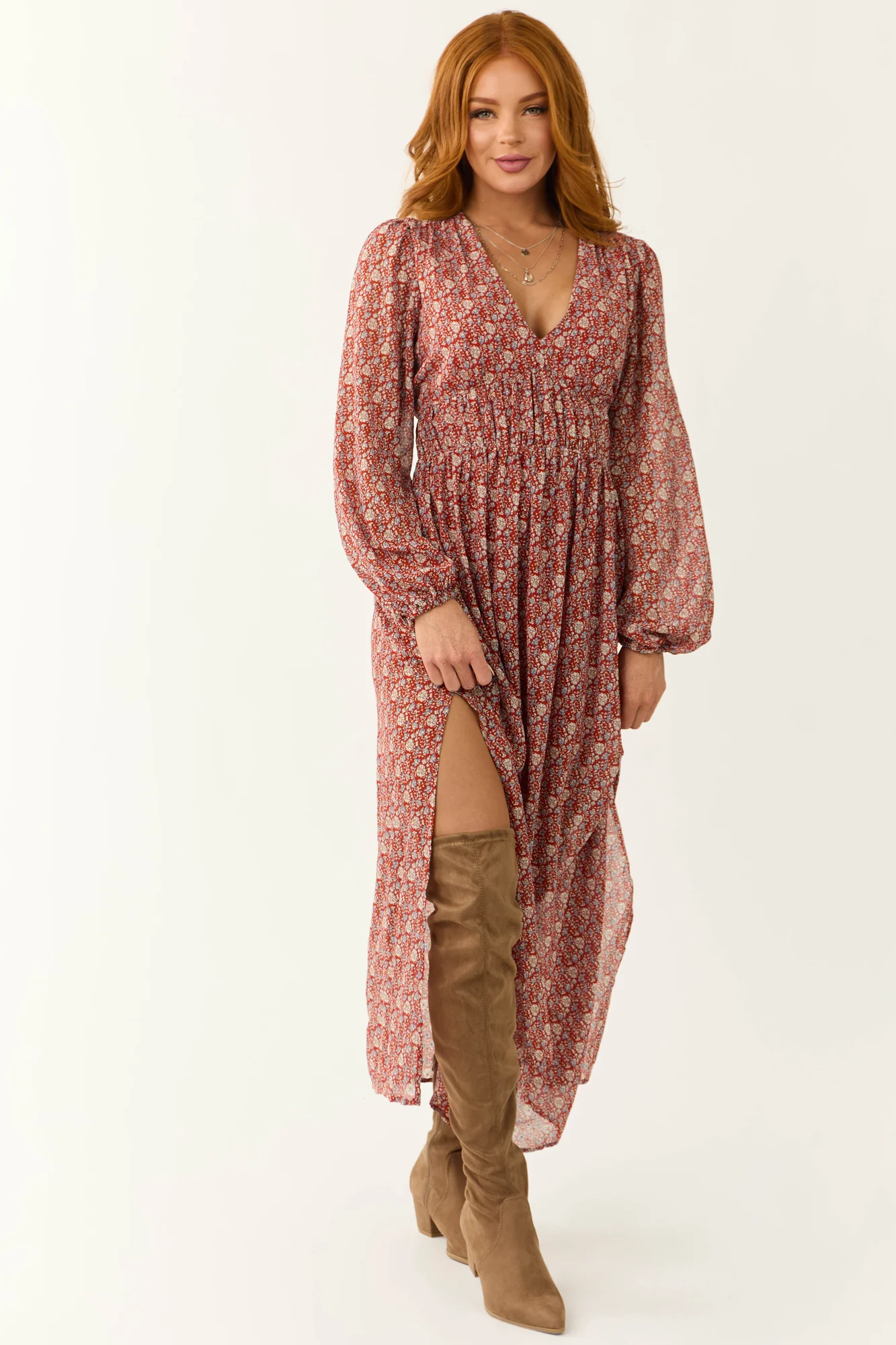 Burgundy Floral Print V-Neck Maxi Dress