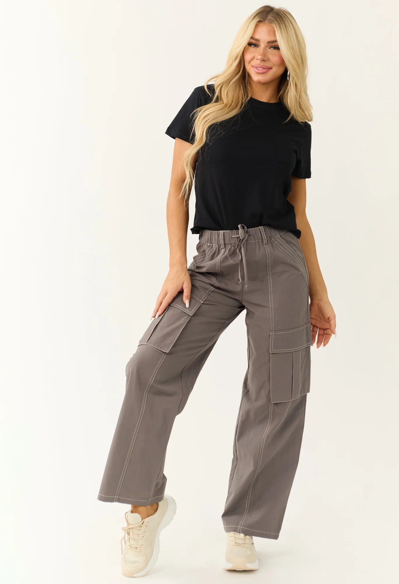Cargo Wide Leg Pants with Adjustable Waistband