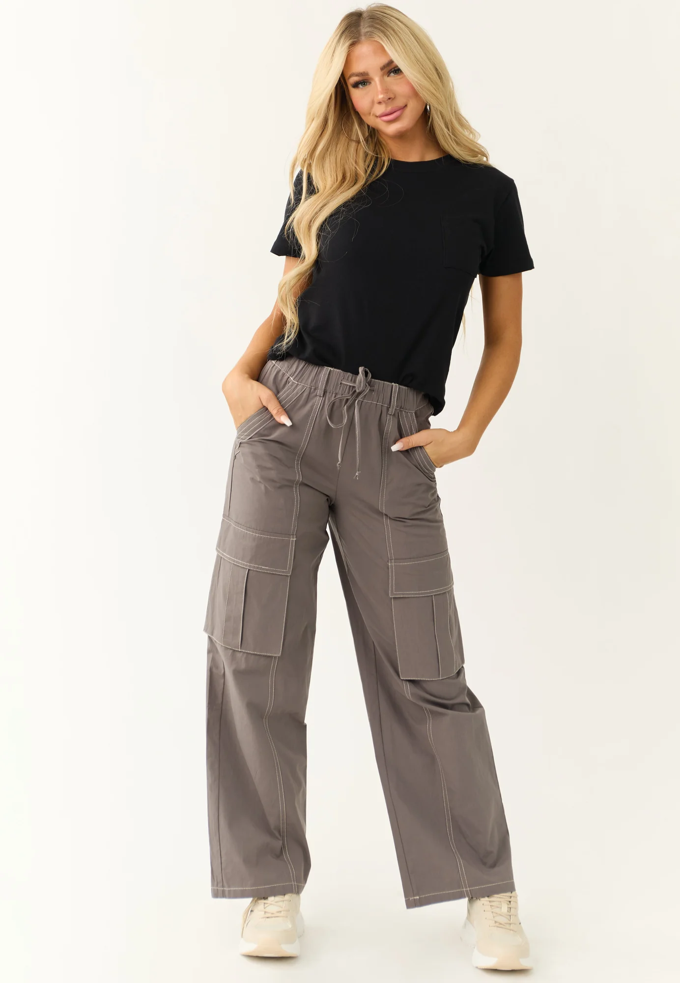 Cargo Wide Leg Pants with Adjustable Waistband